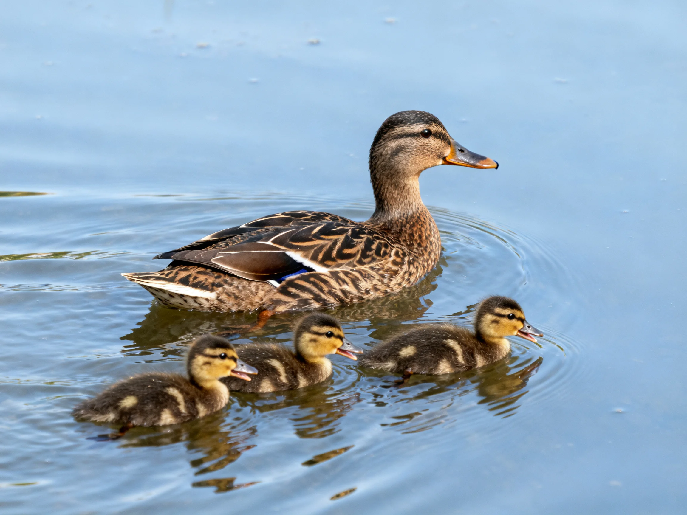An adult duck swims with three ducklings in calm blue water