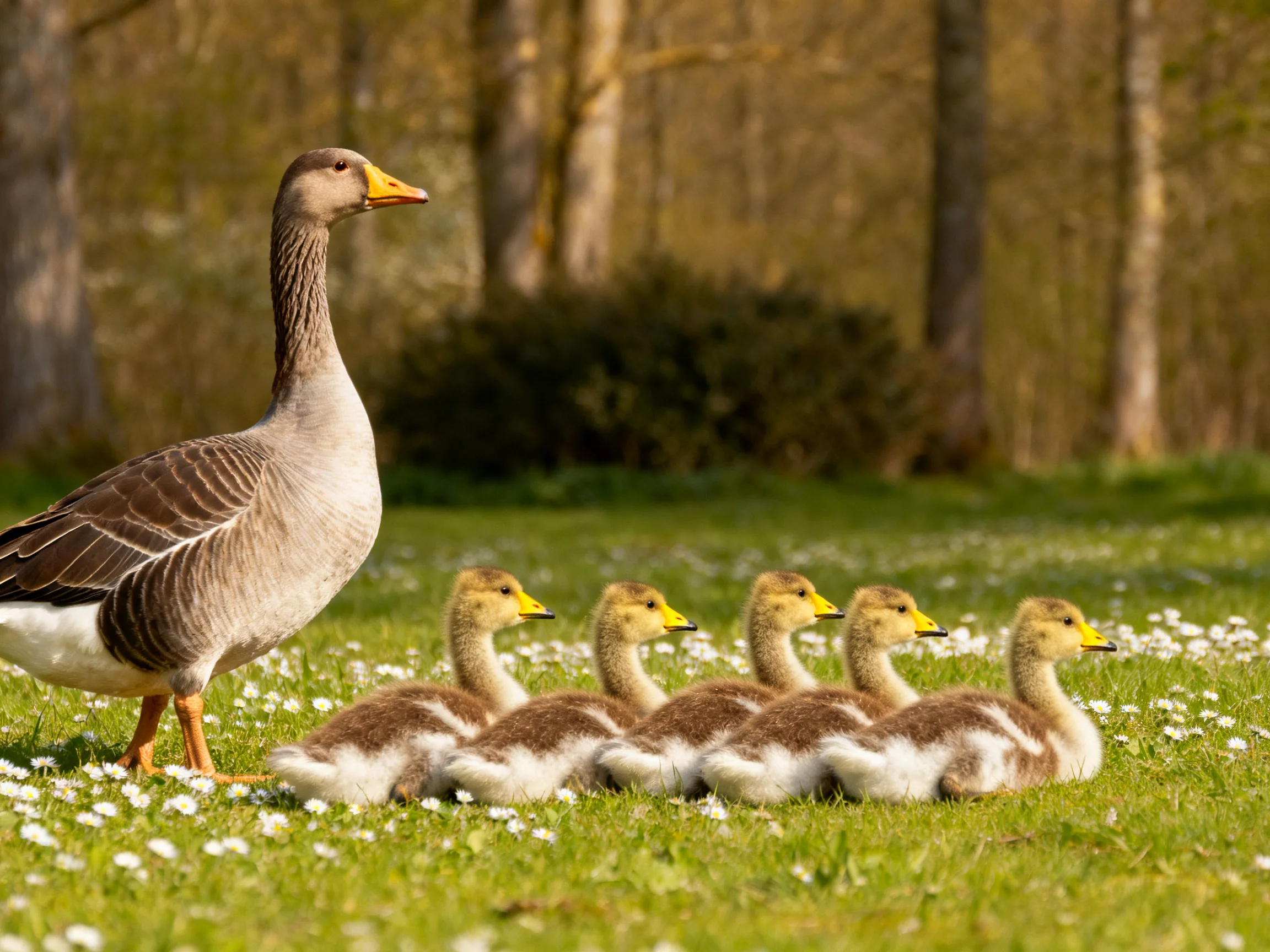 An adult goose and five goslings on a flower-dotted meadow with trees