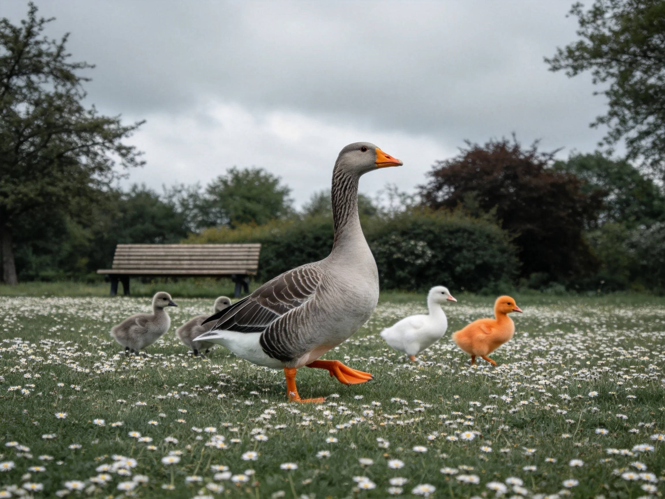 An adult goose leads four goslings on a daisy-filled meadow