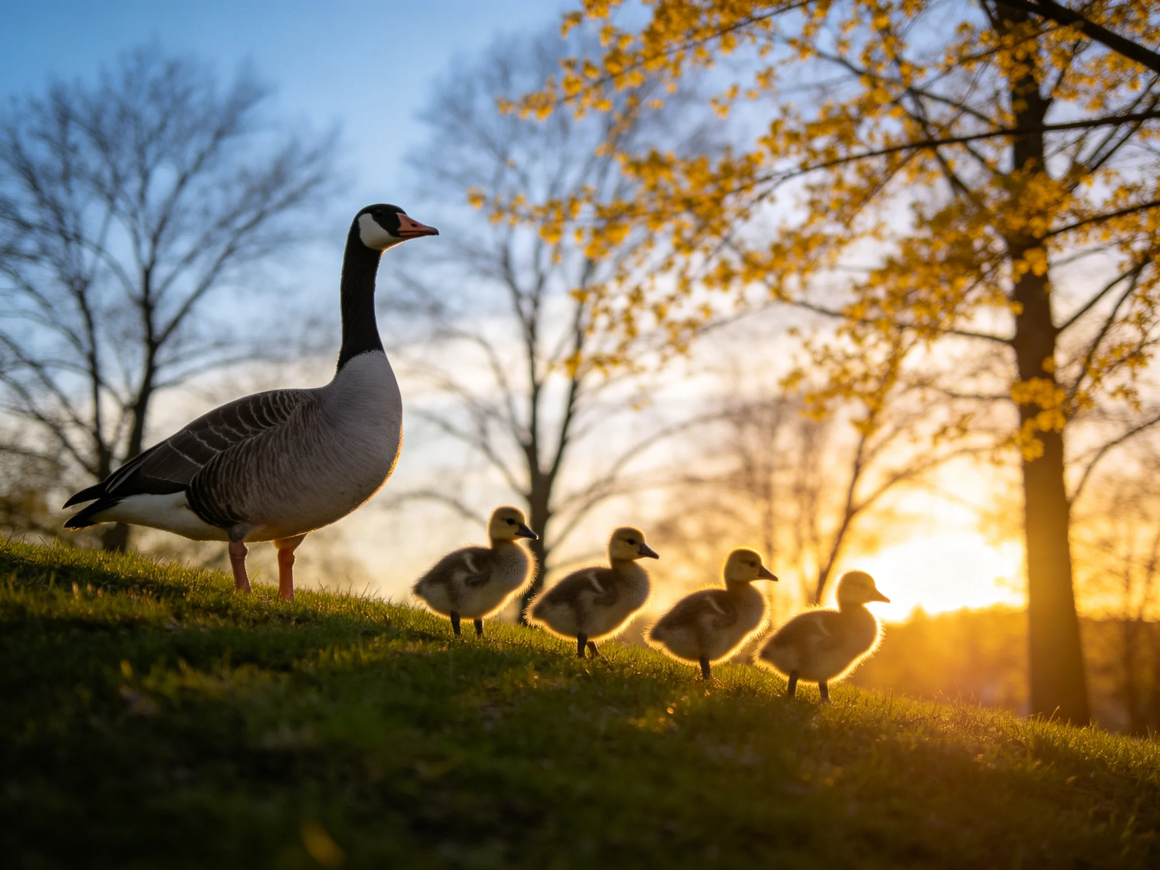 An adult goose leads four goslings on a grassy hill at sunset