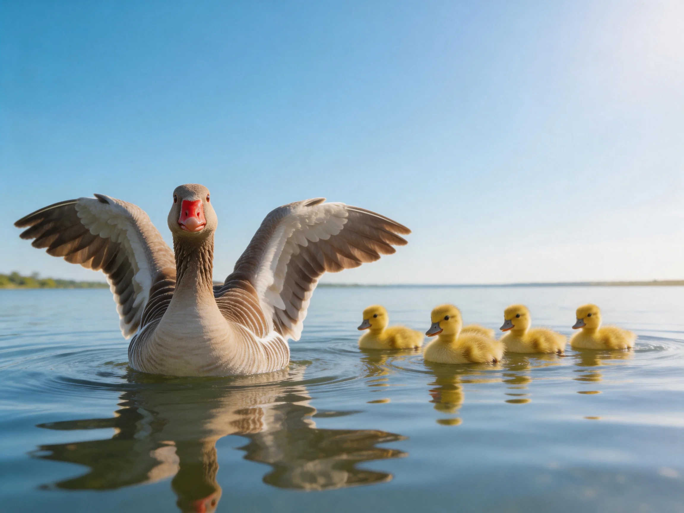 An adult goose spreads wings near four yellow ducklings in calm water