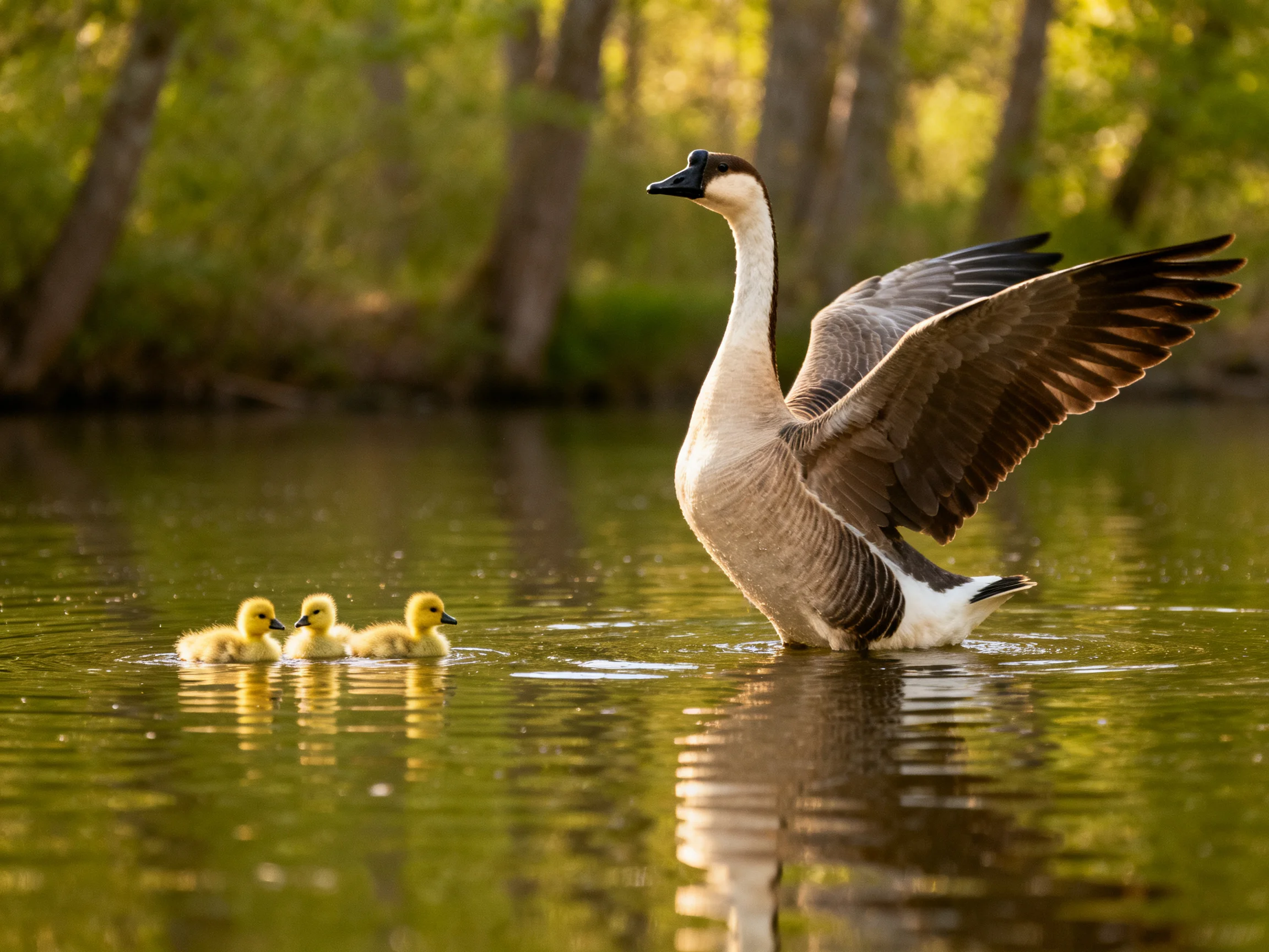 An adult goose spreads wings near three yellow goslings in a forested pond