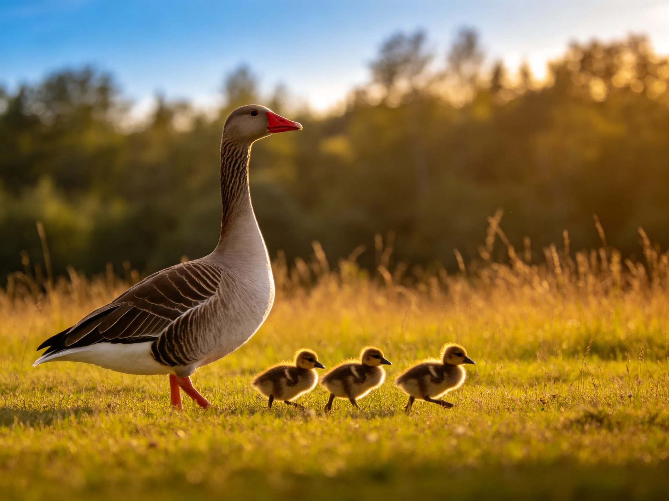 An adult goose with red beak leads three goslings in golden grassland