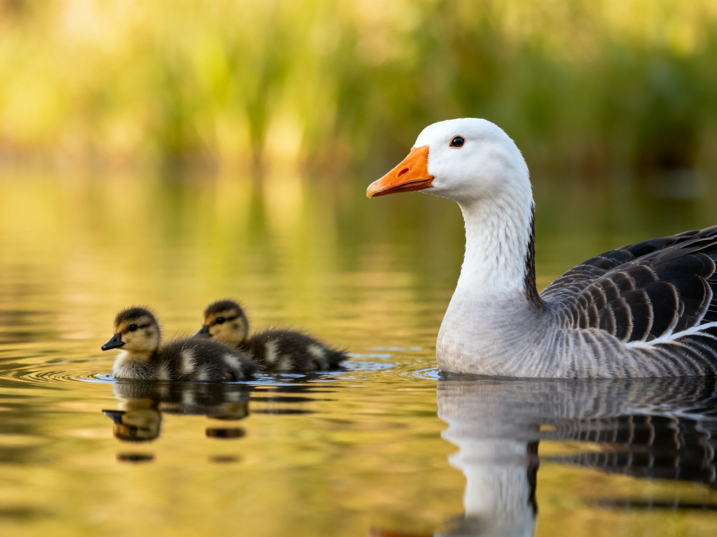 An adult goose with two ducklings swims in golden water