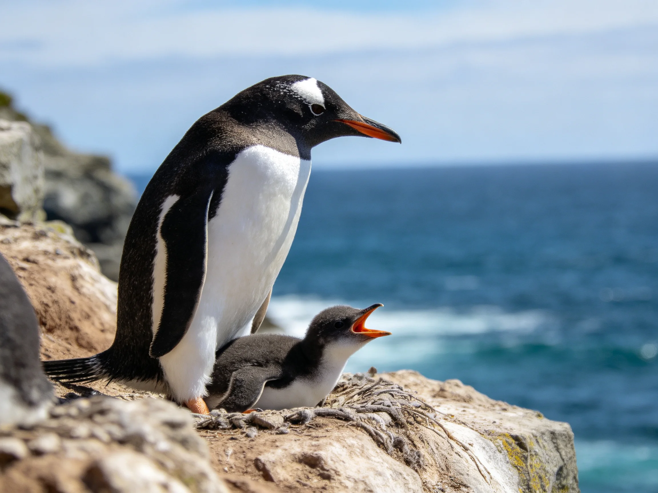 An adult penguin and chick sit on a rocky cliffside near the ocean