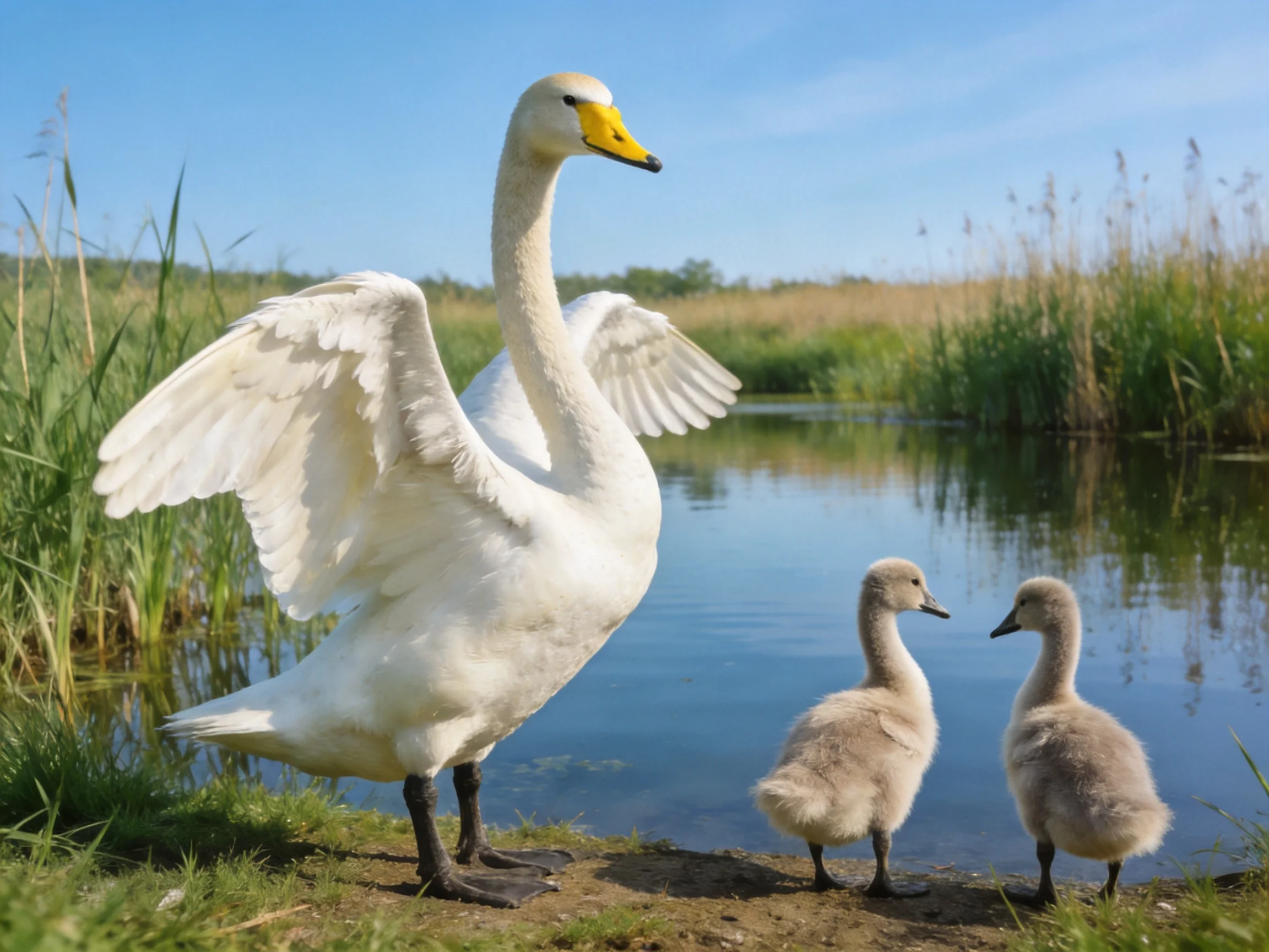 An adult swan spreads wings beside two cygnets by a calm pond