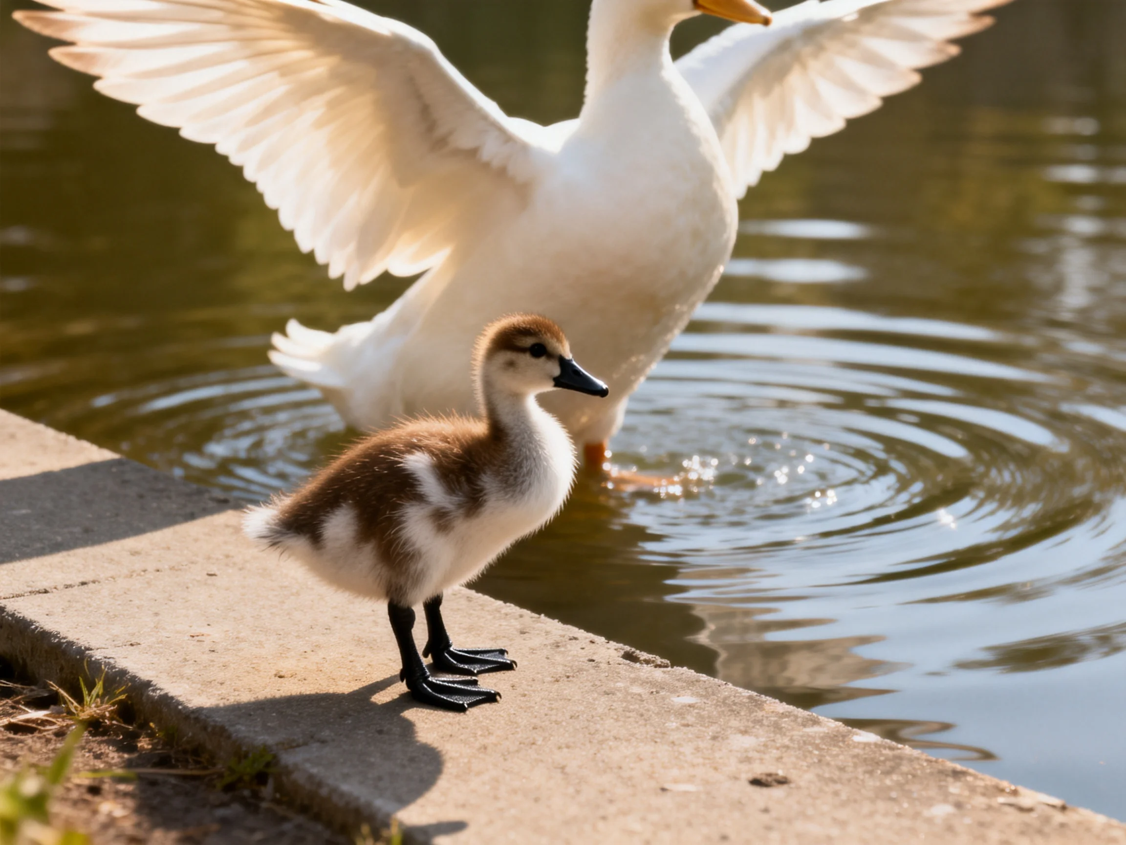 An adult white duck spreads wings near a brown-feathered duckling by calm water
