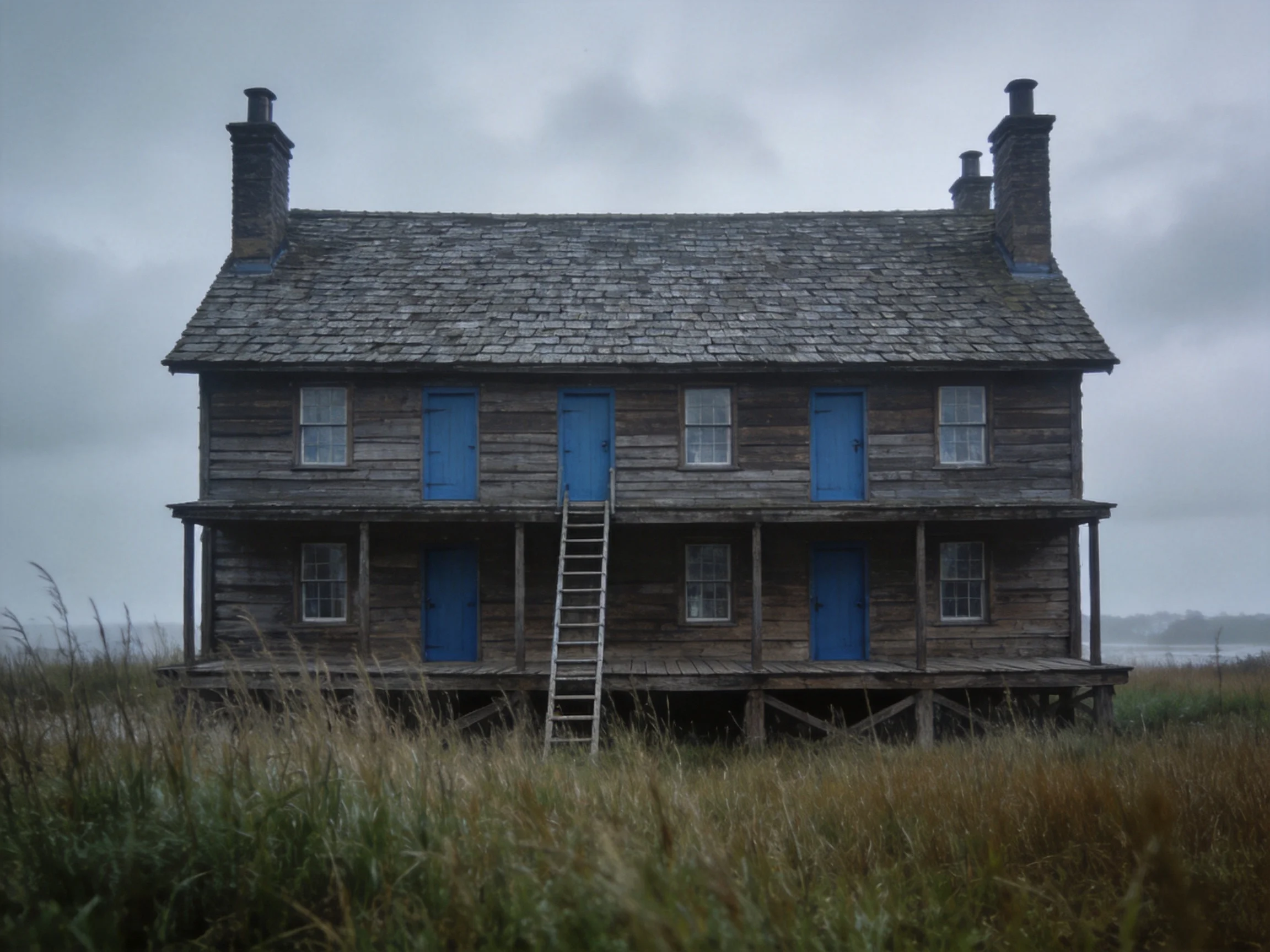 An aged two - story wooden house with blue doors and stone chimneys