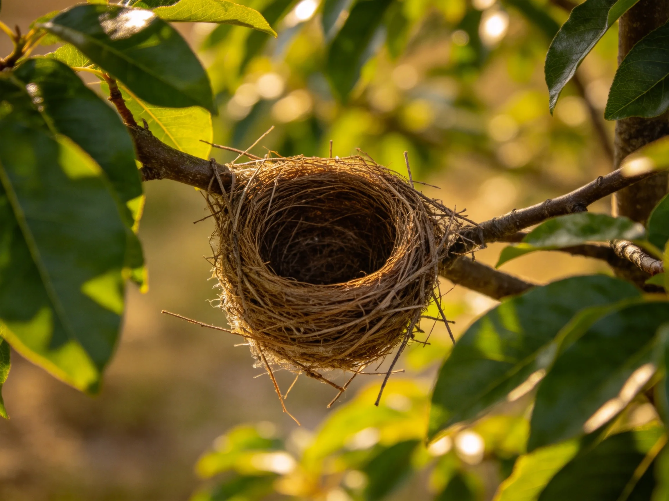 An empty brown bird nest hangs from a tree branch among green leaves