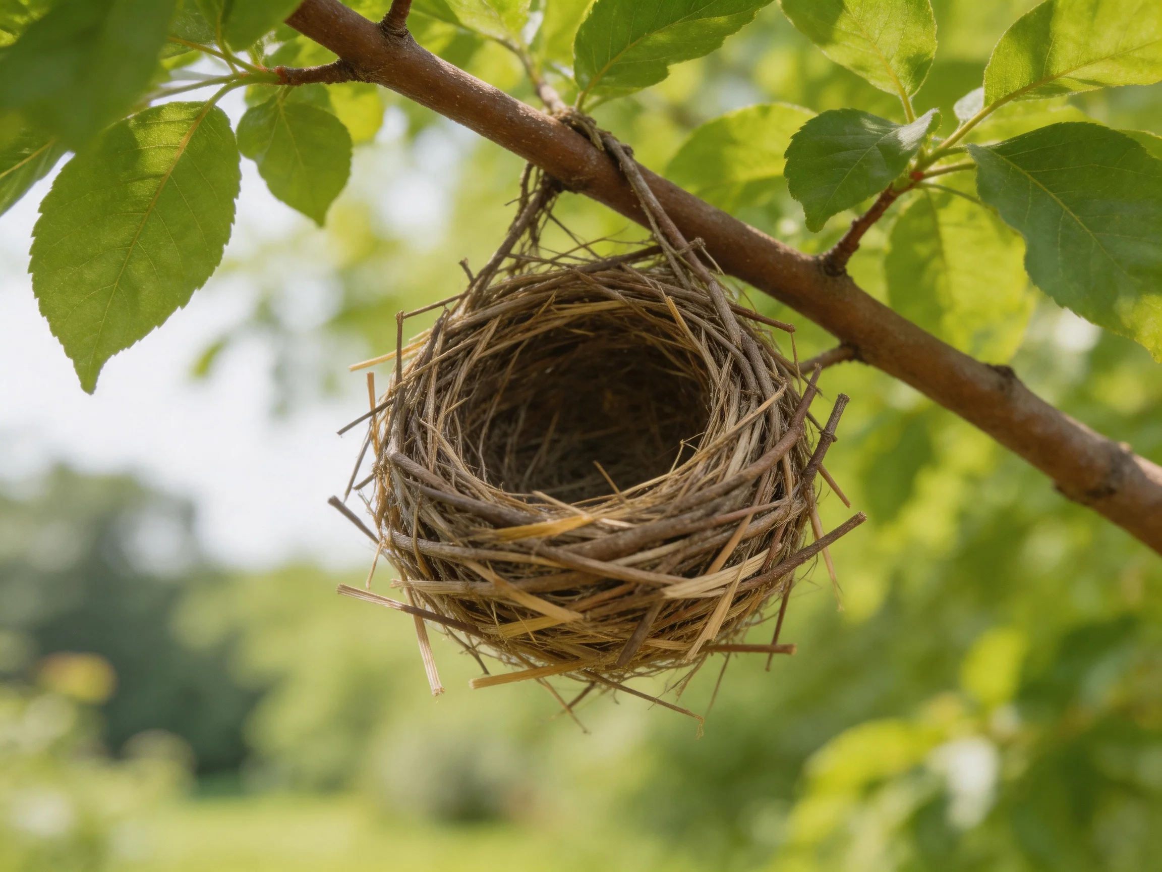 An empty brown bird nest hangs from a tree branch with green leaves