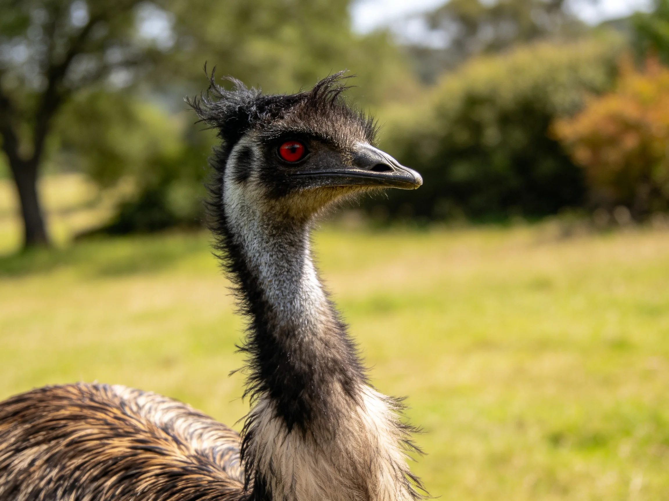 An emu with a spiky black crest and red eye in a grassy field