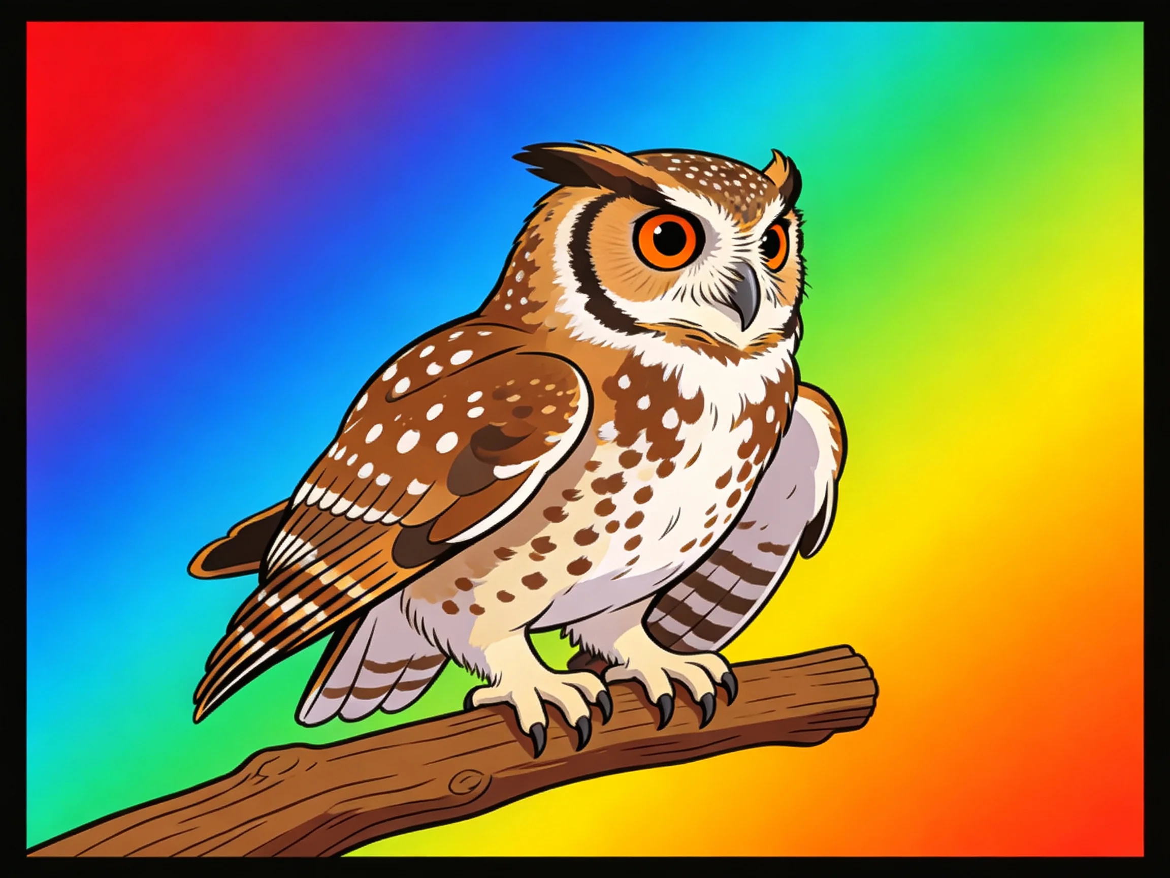 An illustrated spotted owl sits on a brown wooden branch with vibrant rainbow gradients