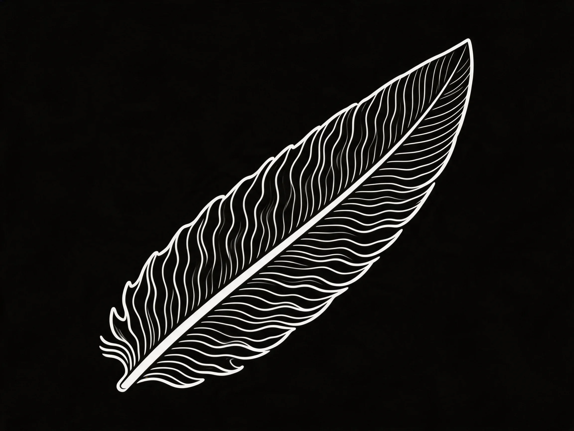 An intricately designed white feather illustration contrasts sharply with a solid black background