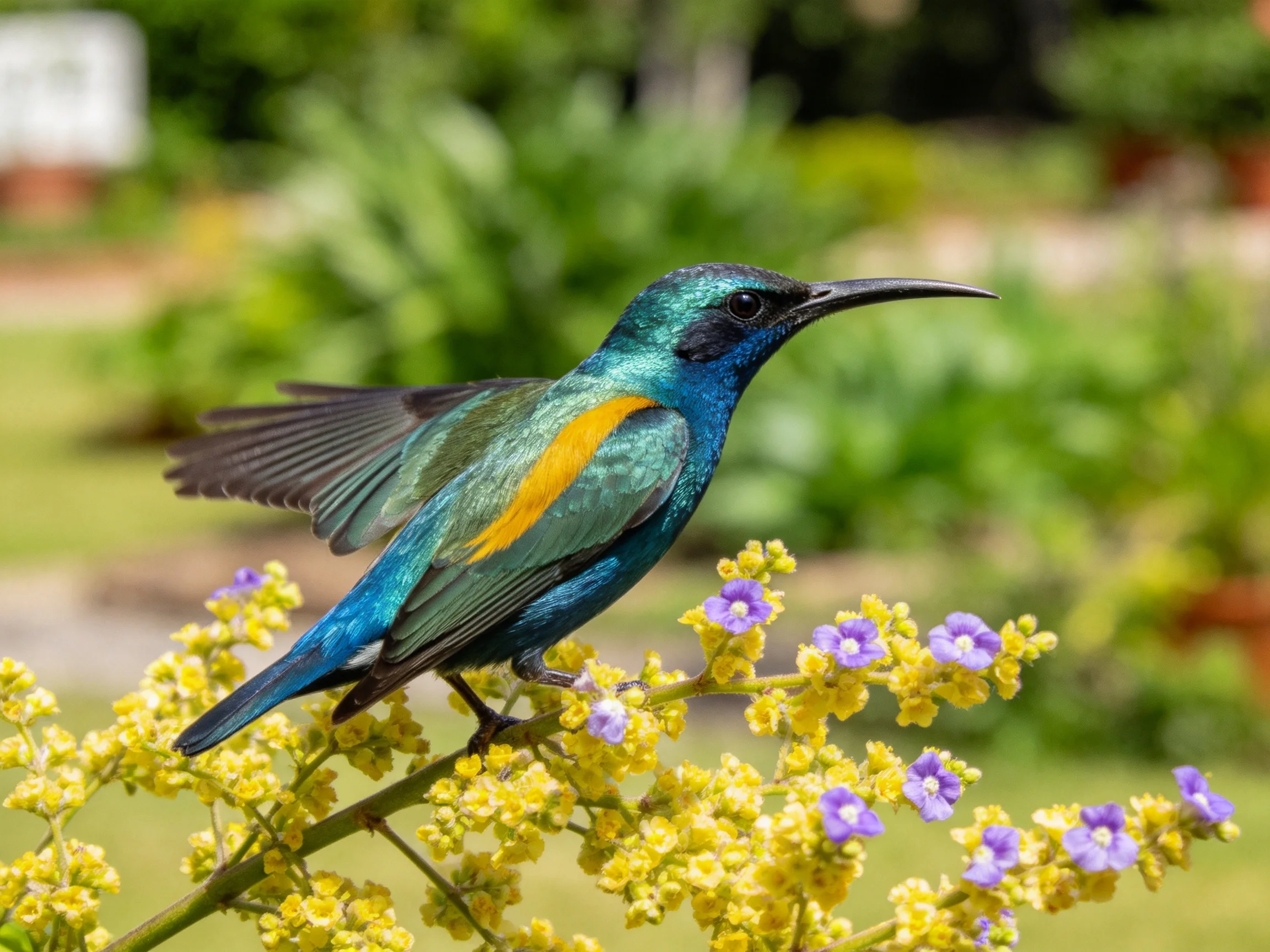 An iridescent blue-green bird with an orange wing patch perched on yellow-purple flowers