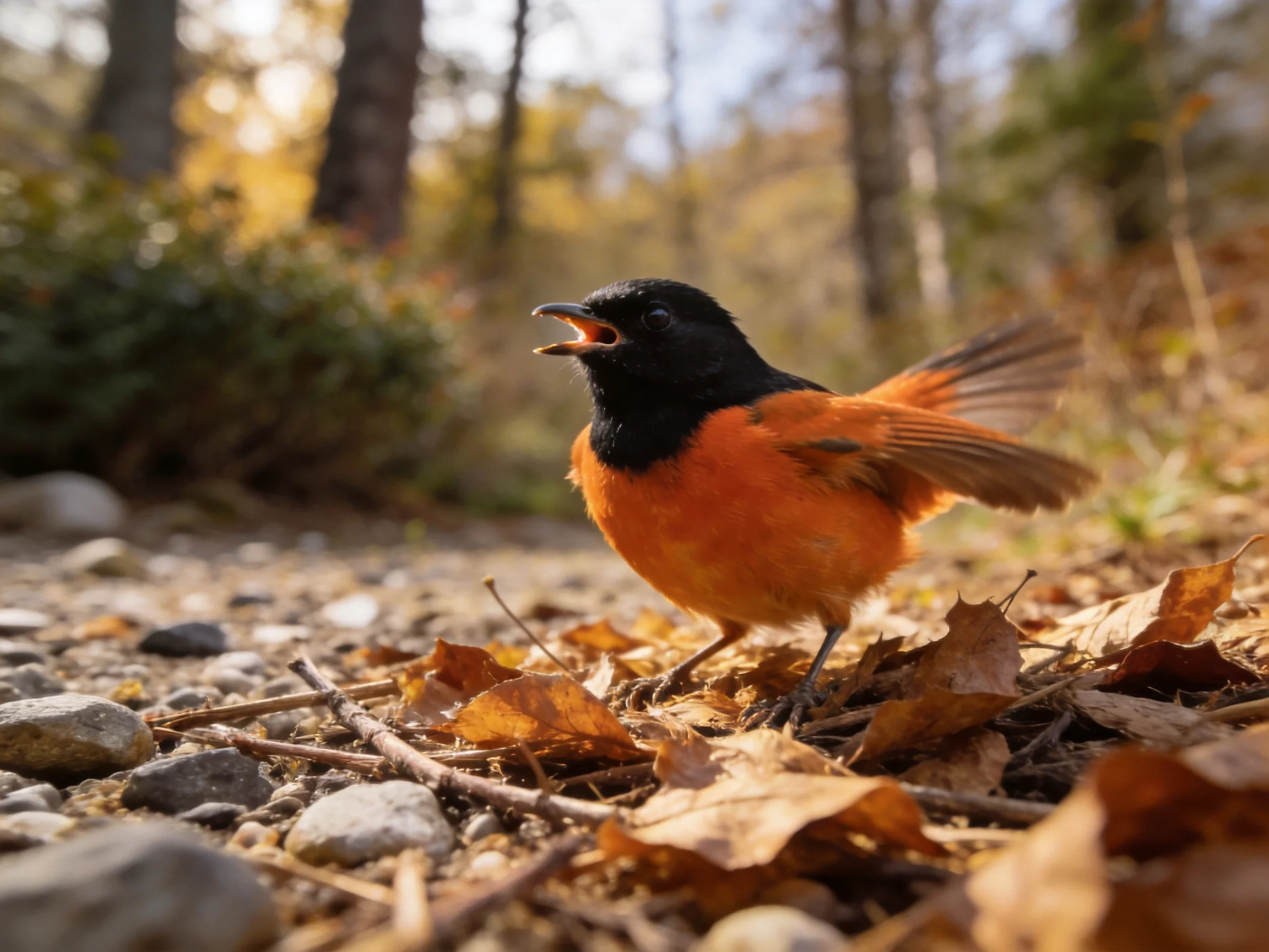 An orange and black bird stands among dry leaves and pebbles in a wooded area.