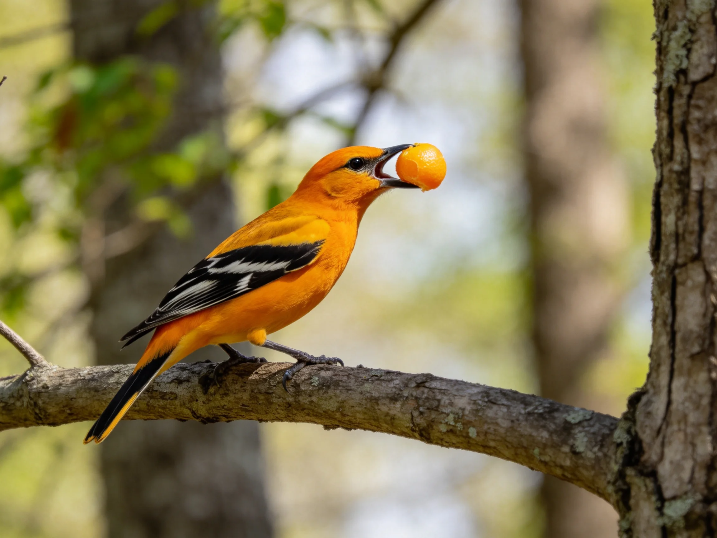 An orange bird with black and white wings holds an orange fruit on a tree branch