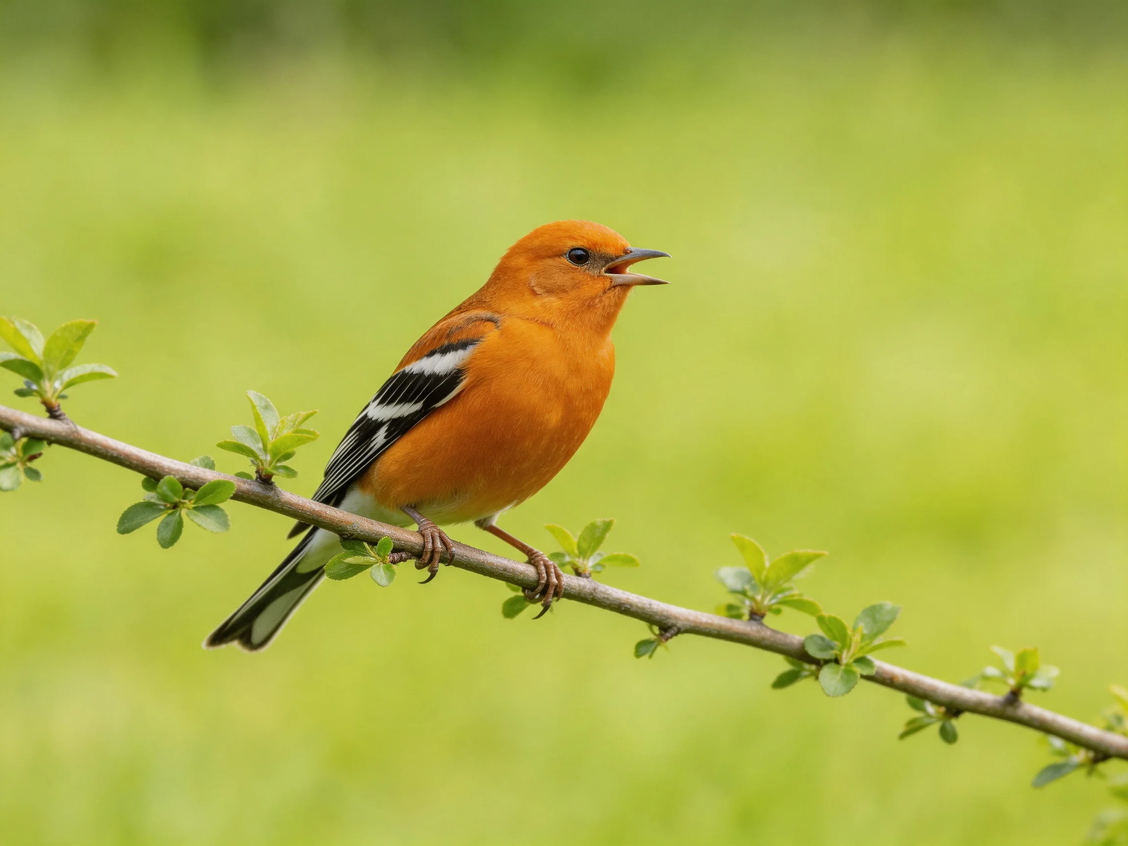 An orange bird with black-and-white wings perches on a leafy branch