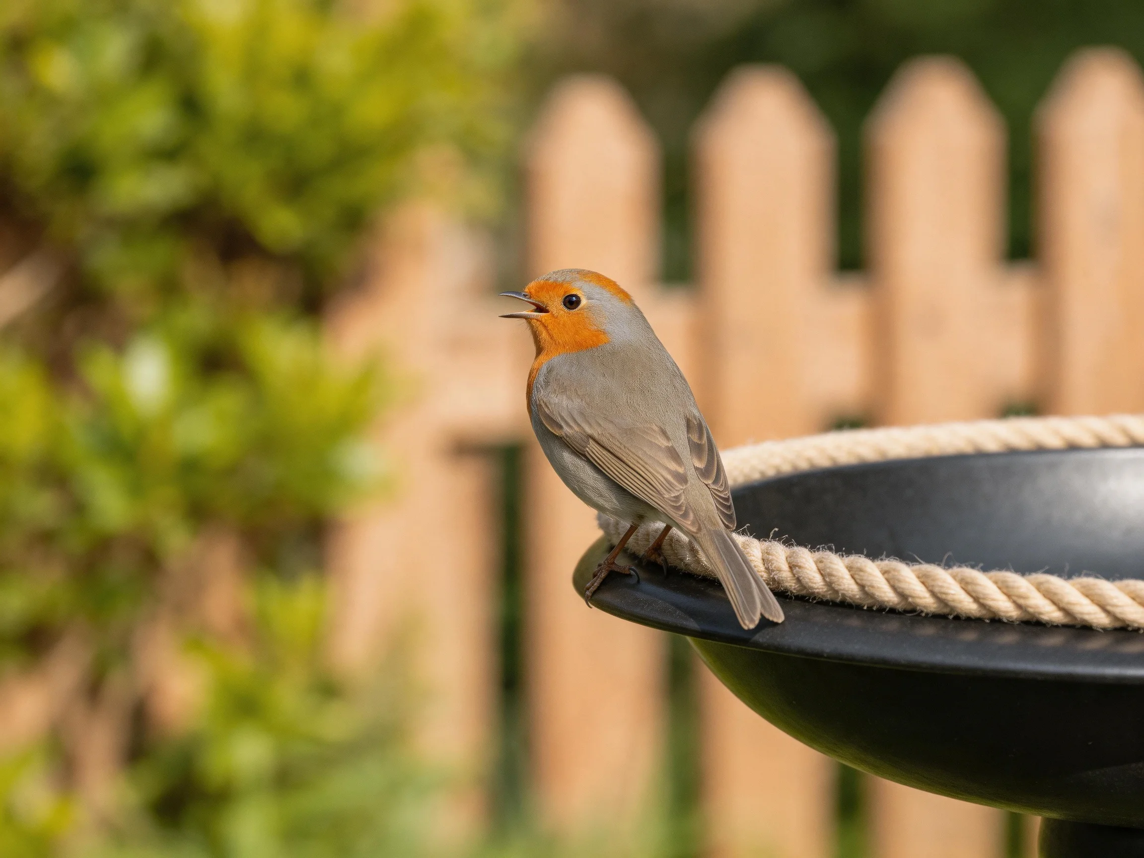 An orange-capped bird perches on a black birdbath by a wooden fence