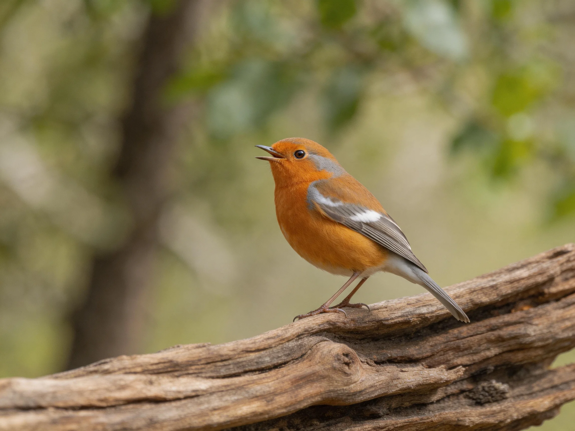 An orange-capped bird perches on a gnarled wooden branch