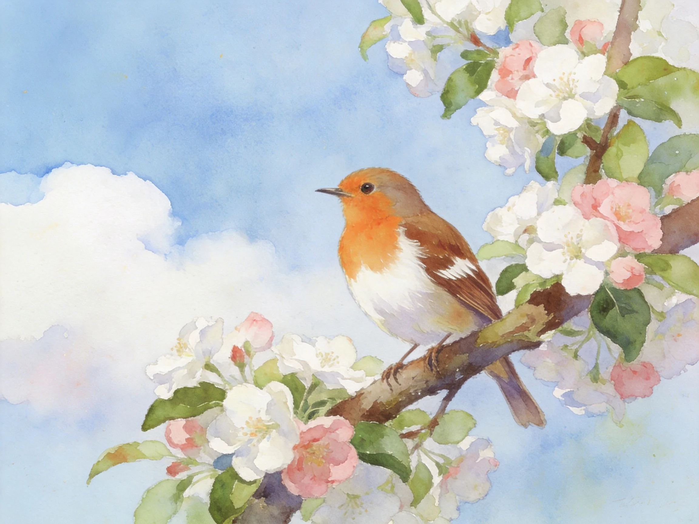 An orange-chested bird rests on a branch amid pink and white flowers.
