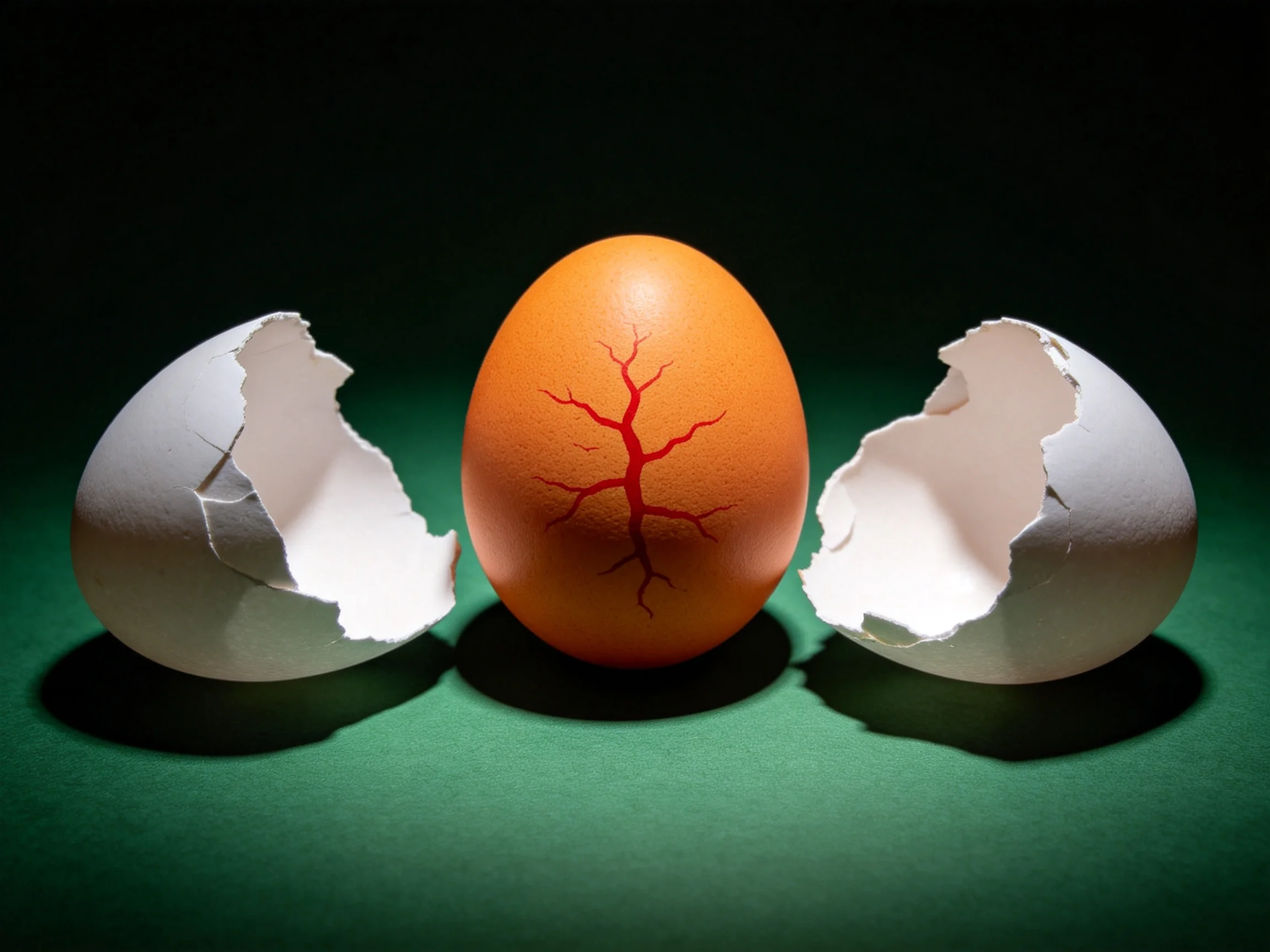 An orange cracked egg between two broken white eggshells