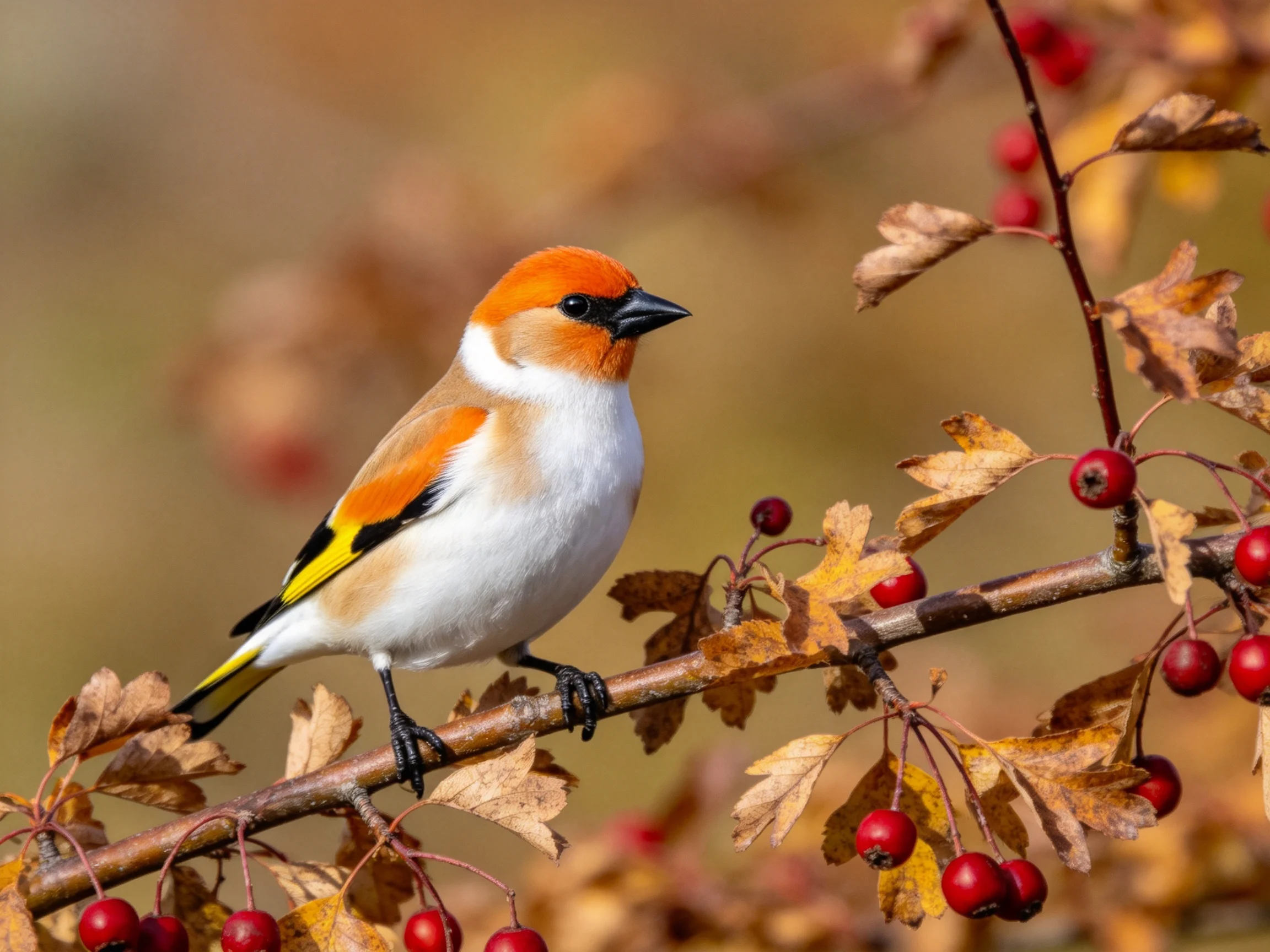 An orange-headed bird perched on a branch with red berries and autumn foliage