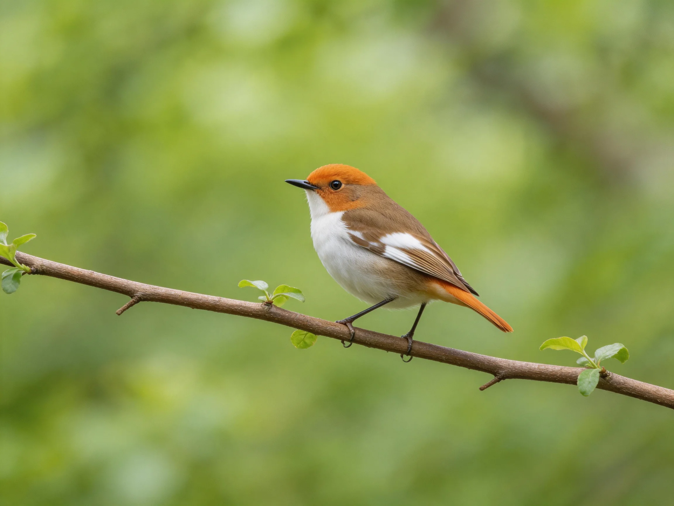 An orange-headed bird perches on a leafy branch