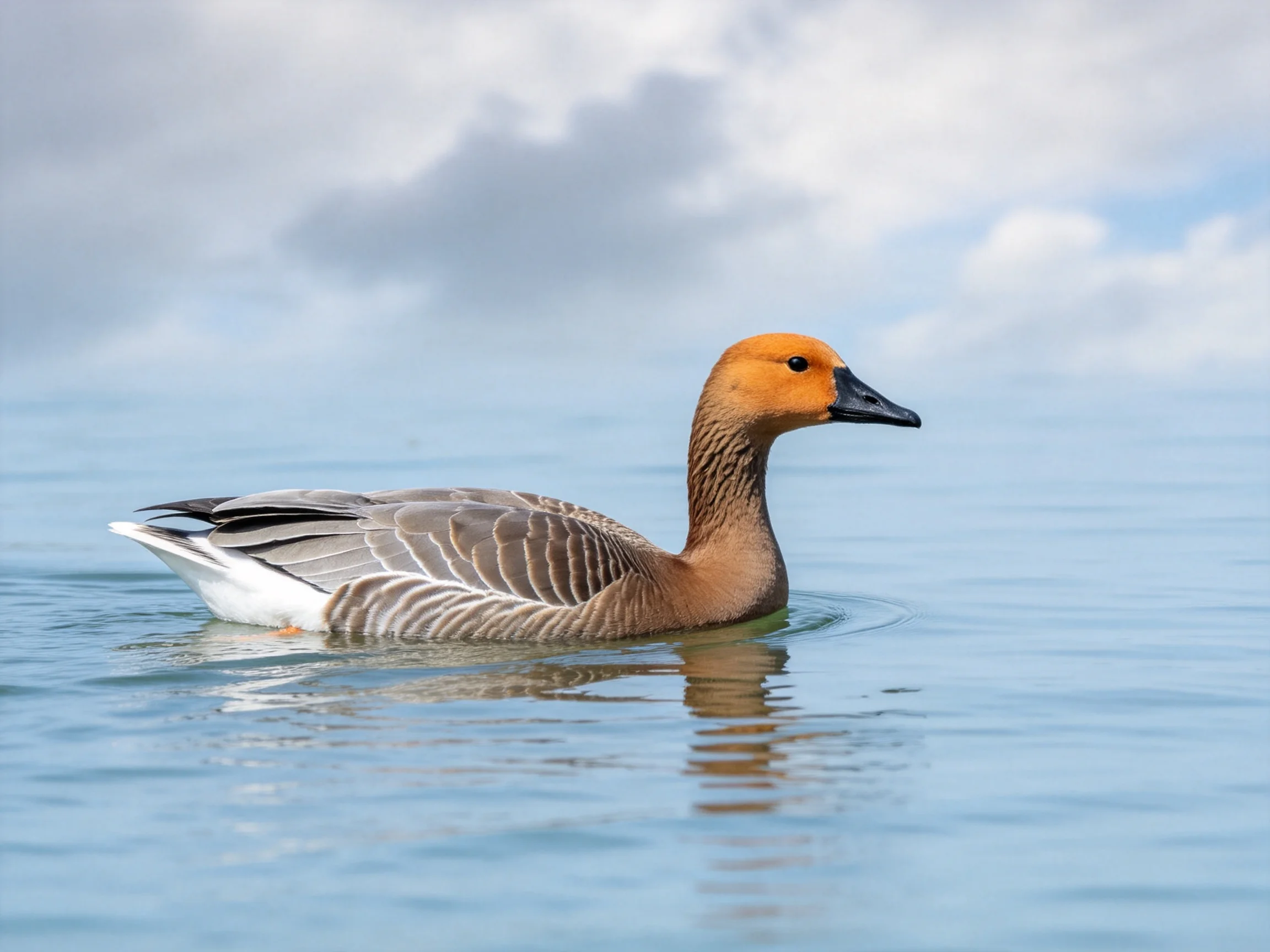 An orange-headed duck swims in calm blue water