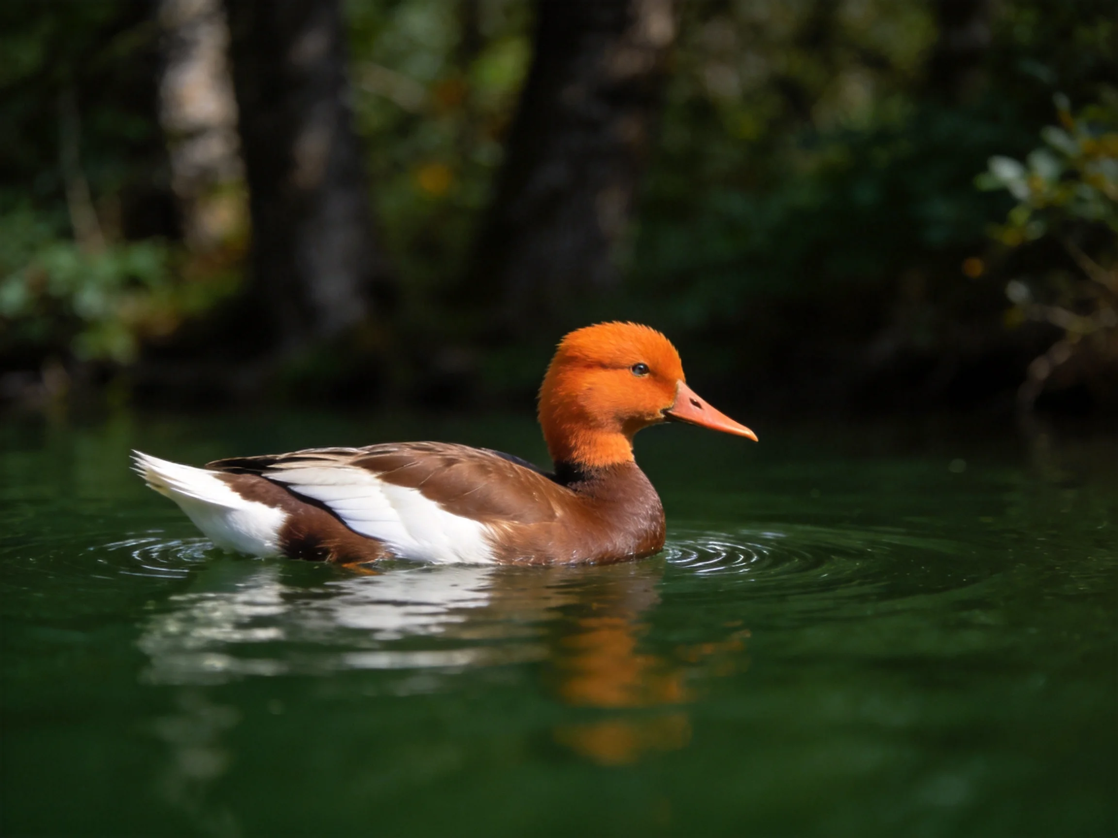 An orange-headed duck swims in calm green water near dark forest