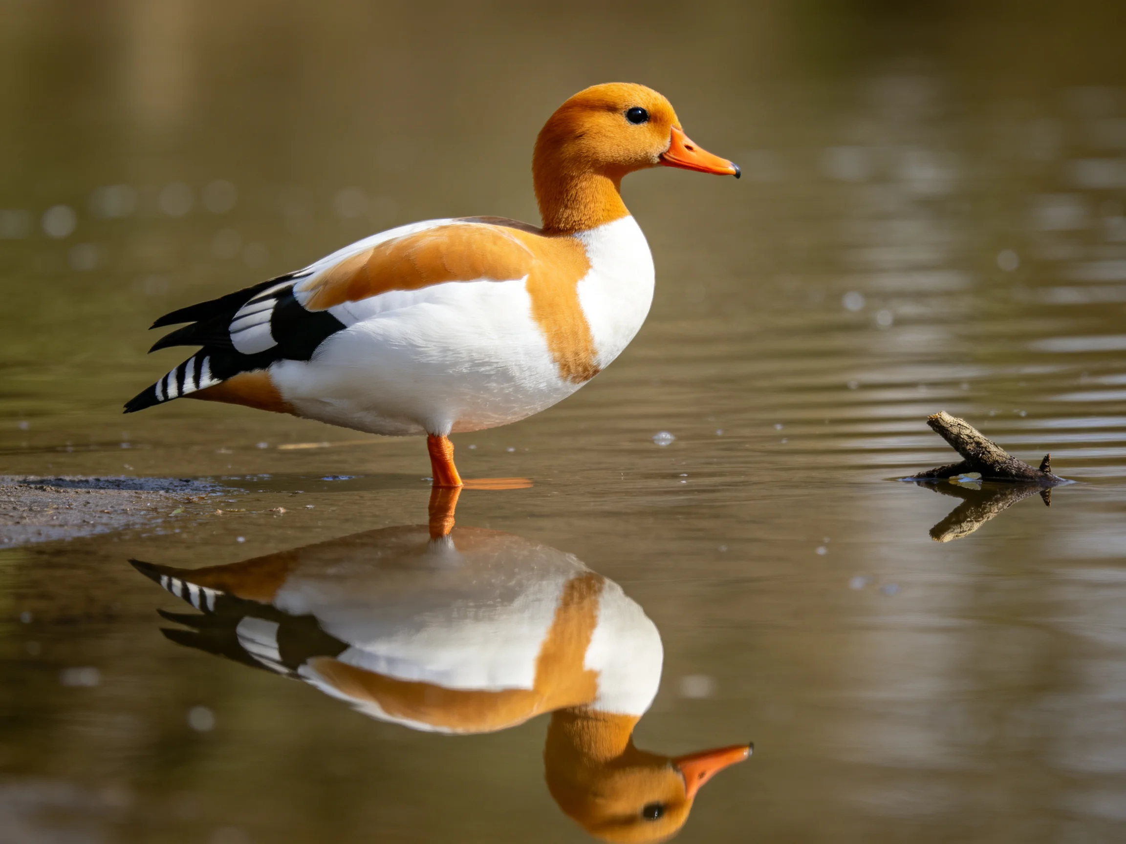 A duck with orange head, white body, and black wings stands in calm water with reflection