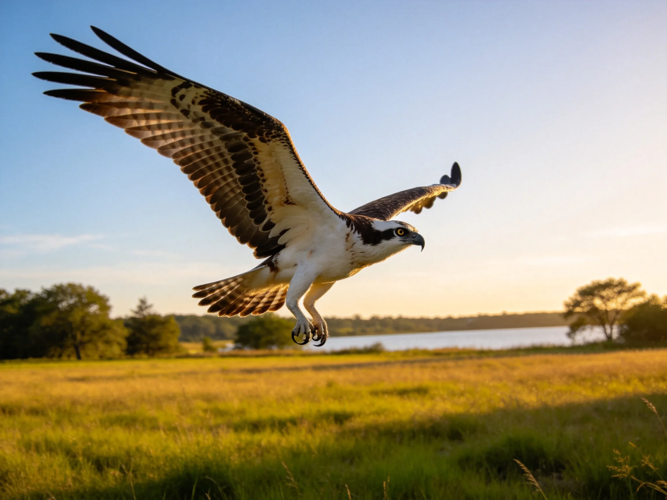 An osprey soars over golden fields near a serene lake at sunset
