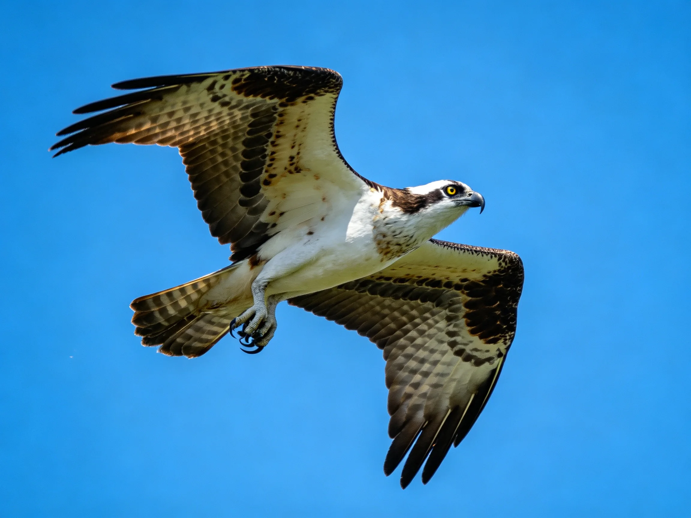 An osprey soars with brown and white wings against clear blue sky