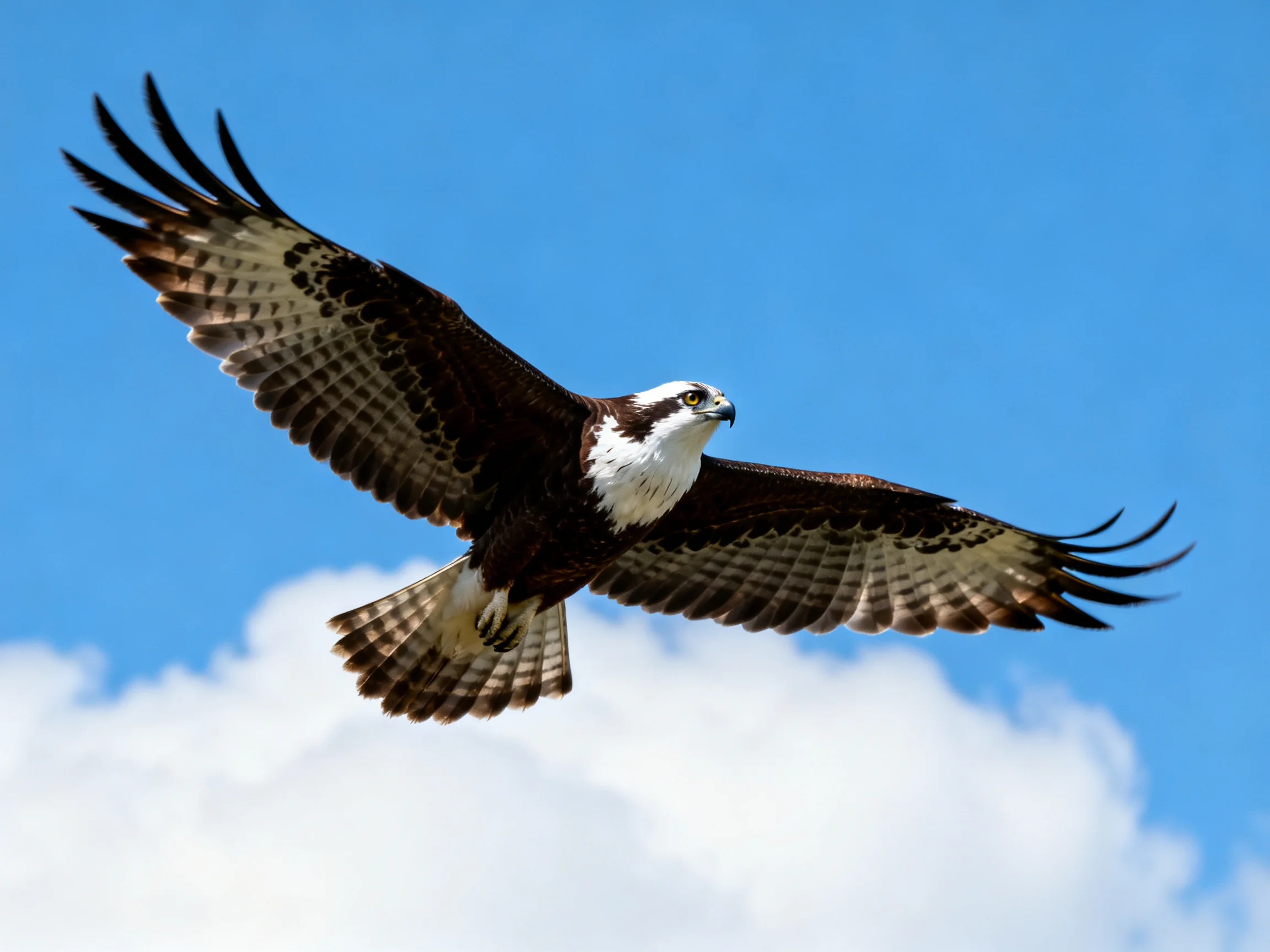 An osprey soarswith outstretched wings against a clear blue sky