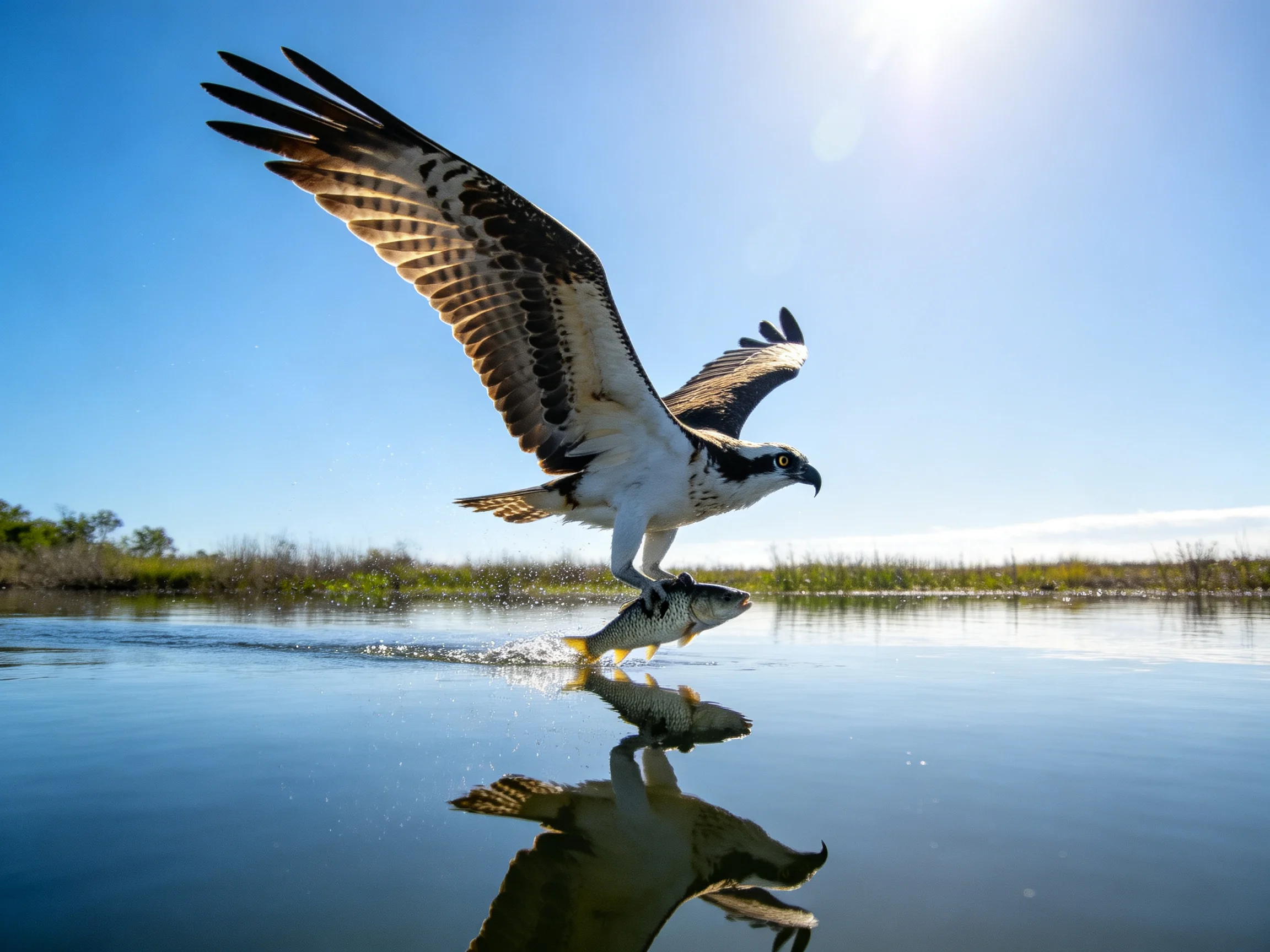 An osprey with brown wings catches a silver fish over calm blue water