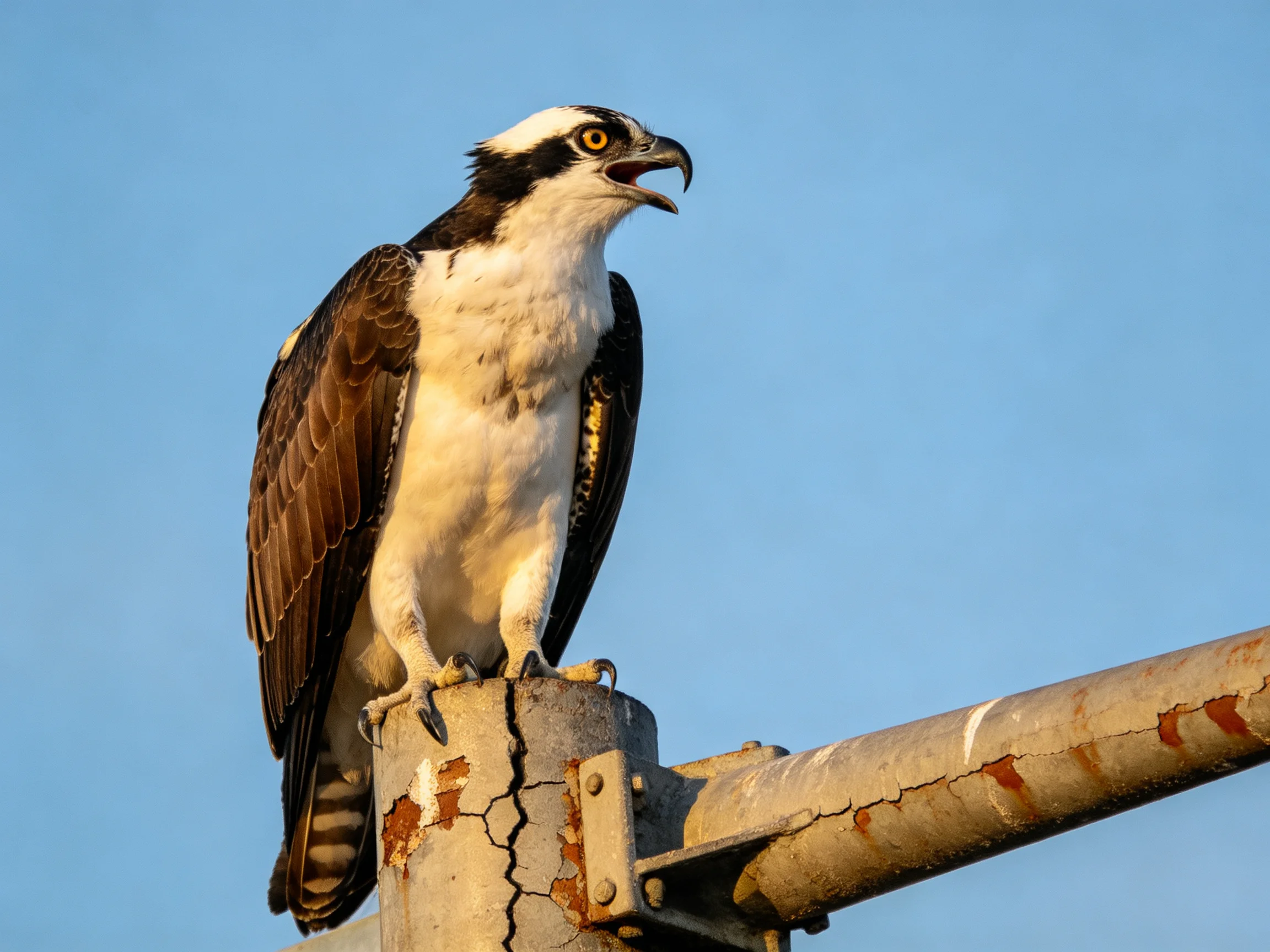 An osprey with white chest perches on a weathered metal structure against clear blue sky.