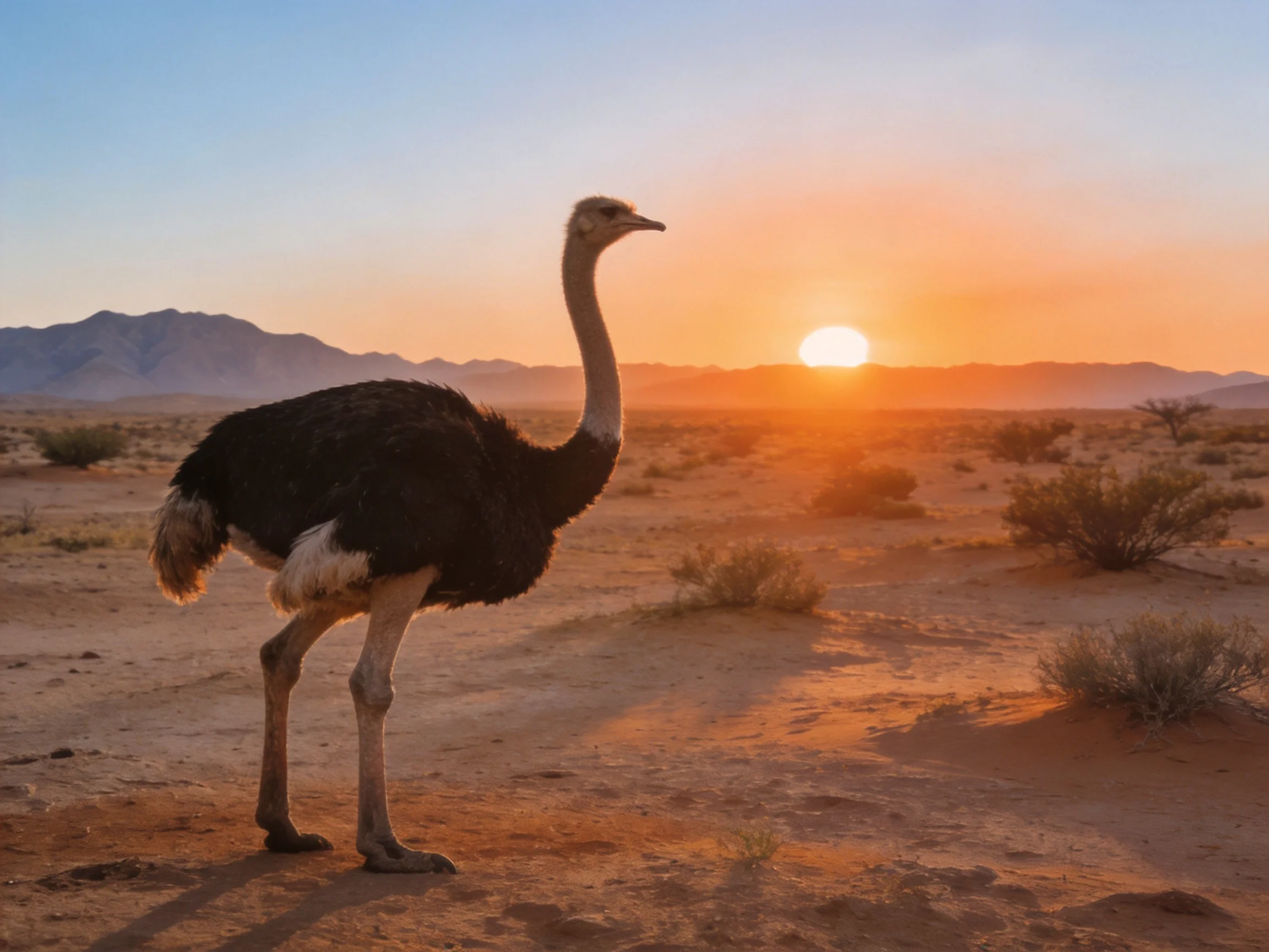 An ostrich stands in a desert landscape at sunset