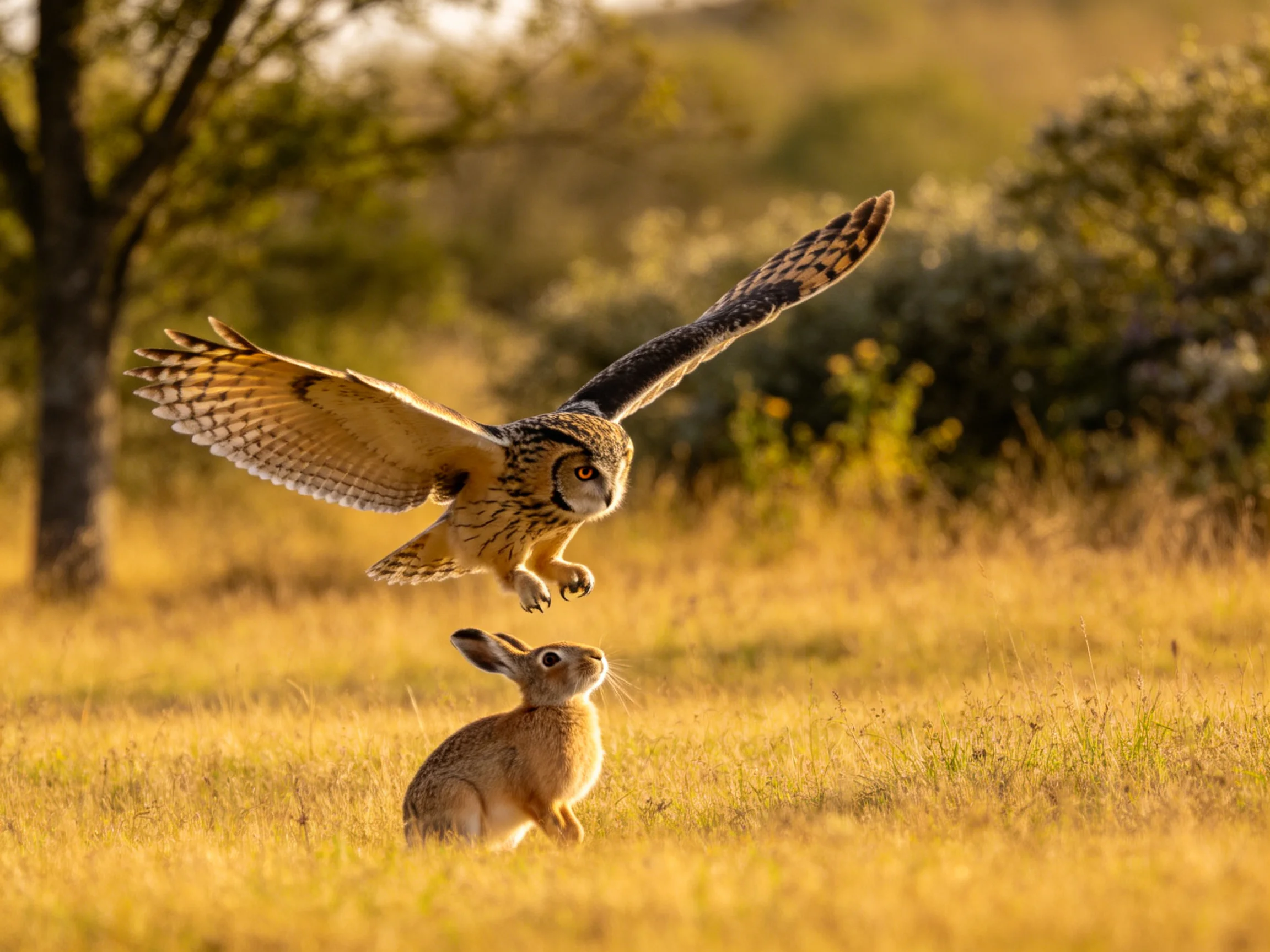 An owl swoops near a rabbit in golden grasslands