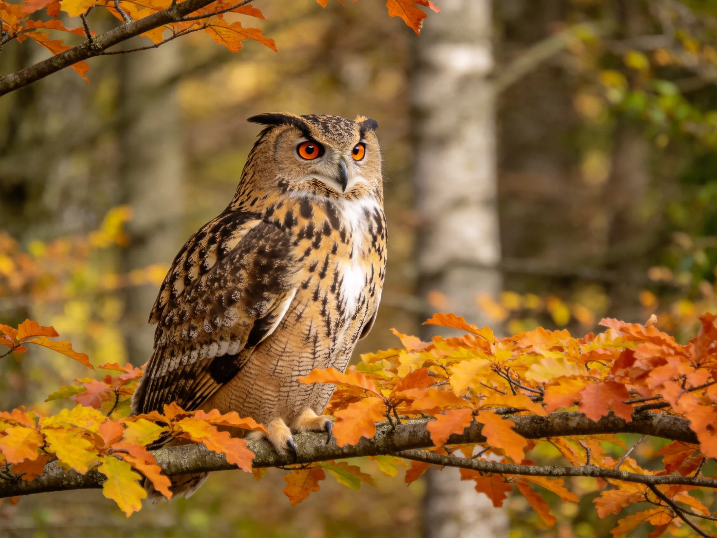 An owl with bright orange eyes perched among vibrant fall foliage