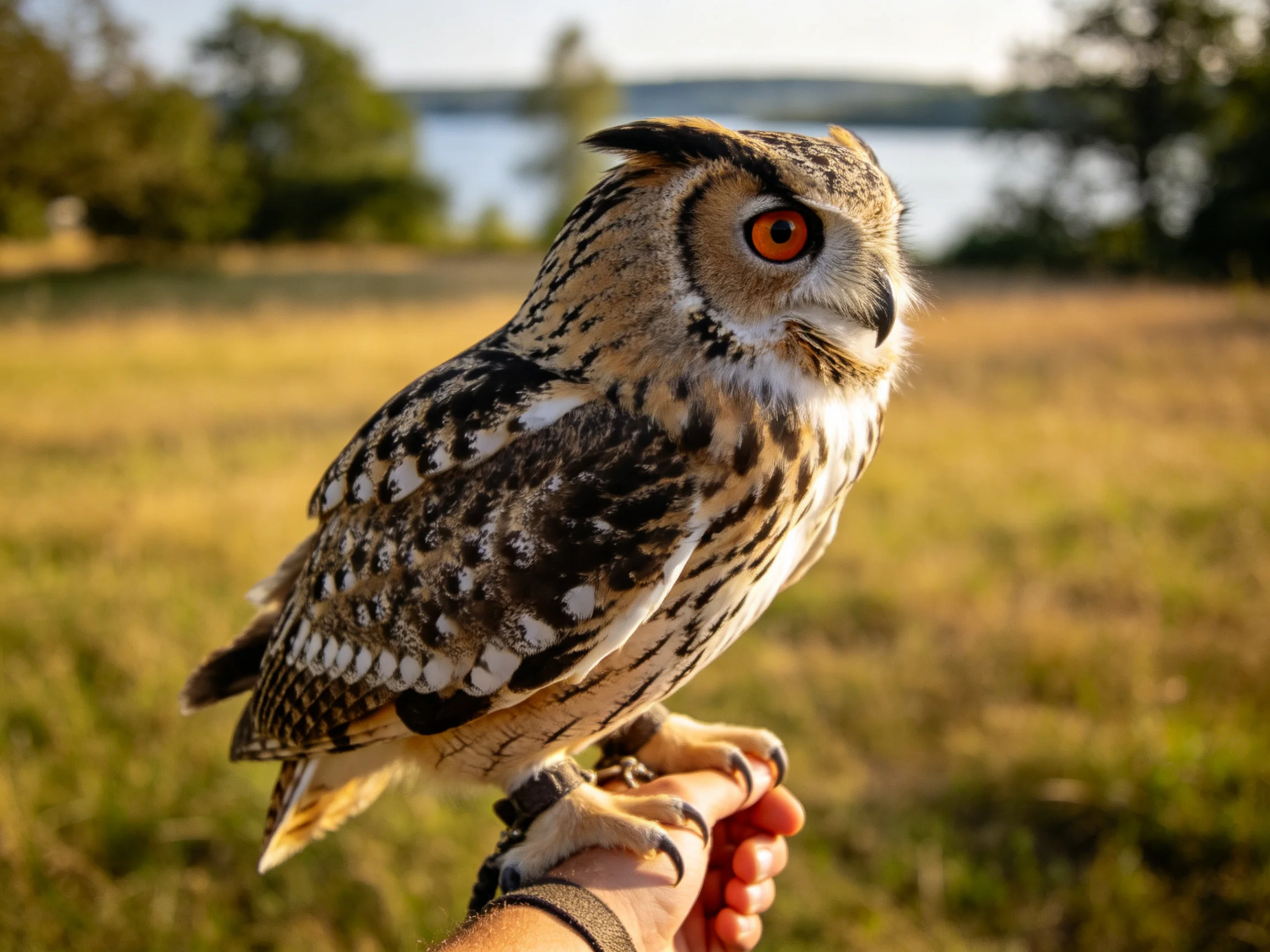 An owl with bright orange eyes perched on a hand near grassy fields