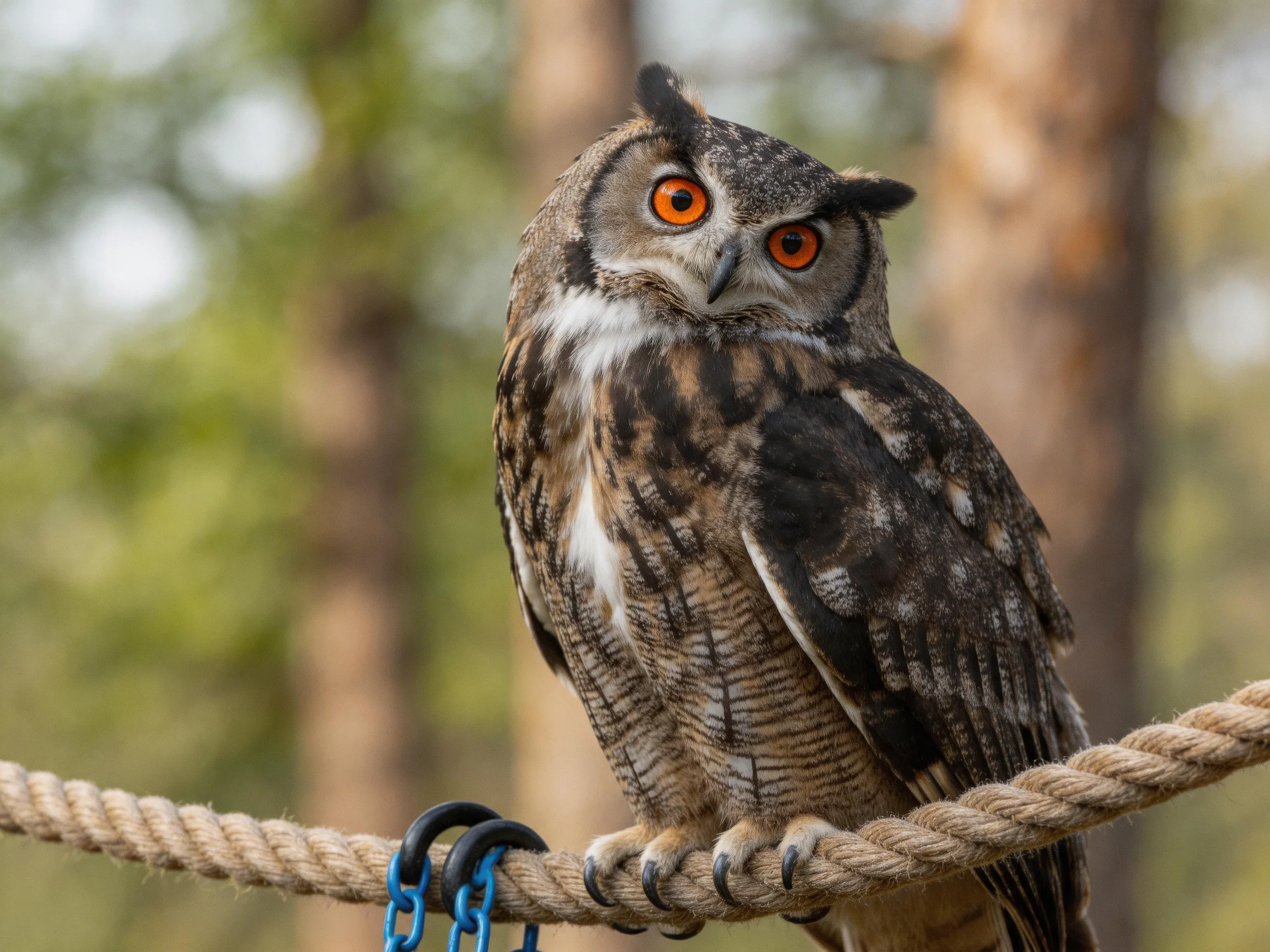 An owl with bright orange eyes perched on a thick rope