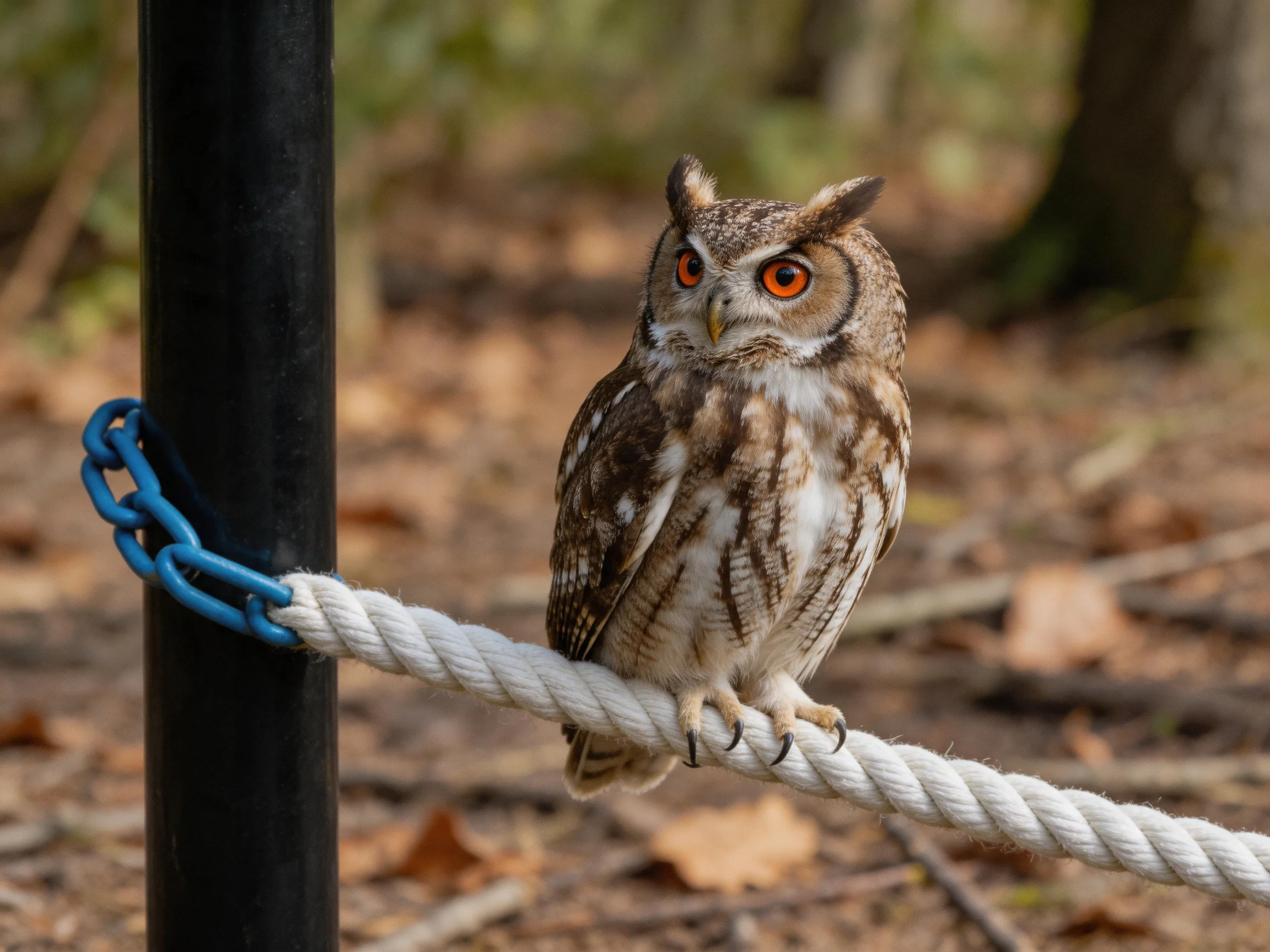 An owl with bright orange eyes perches on a thick white rope near a black post