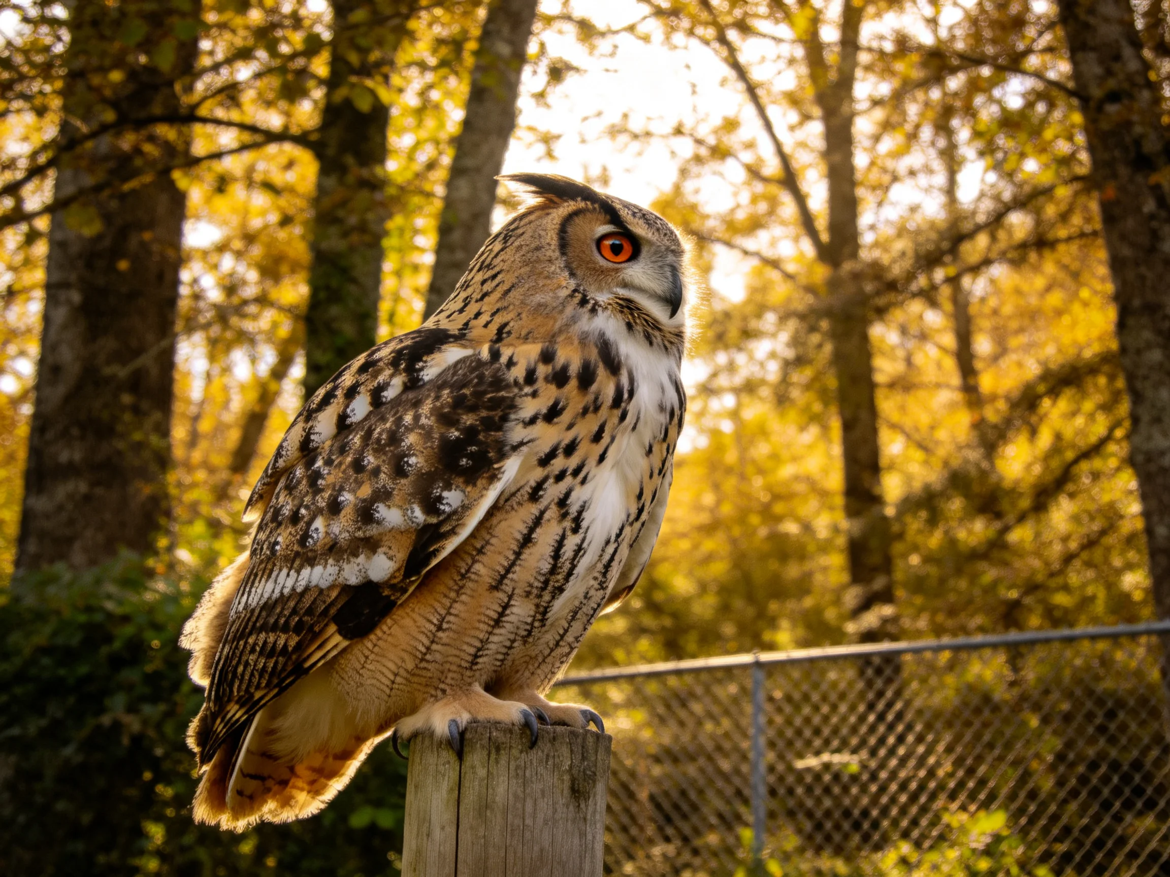 An owl with bright orange eyes perches on a wooden post