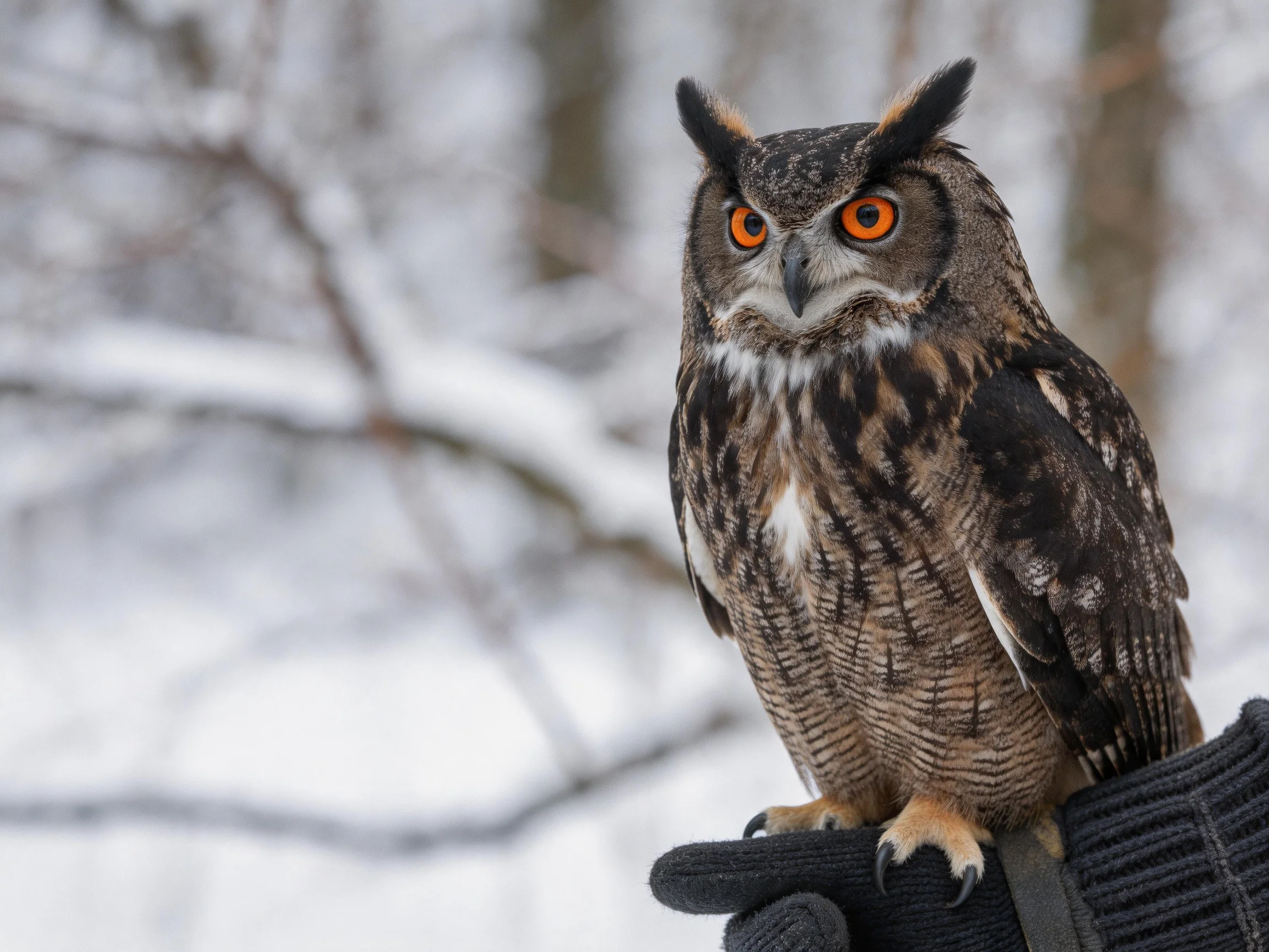 An owl with vibrant orange eyes perched on a gloved hand in a snowy woodland