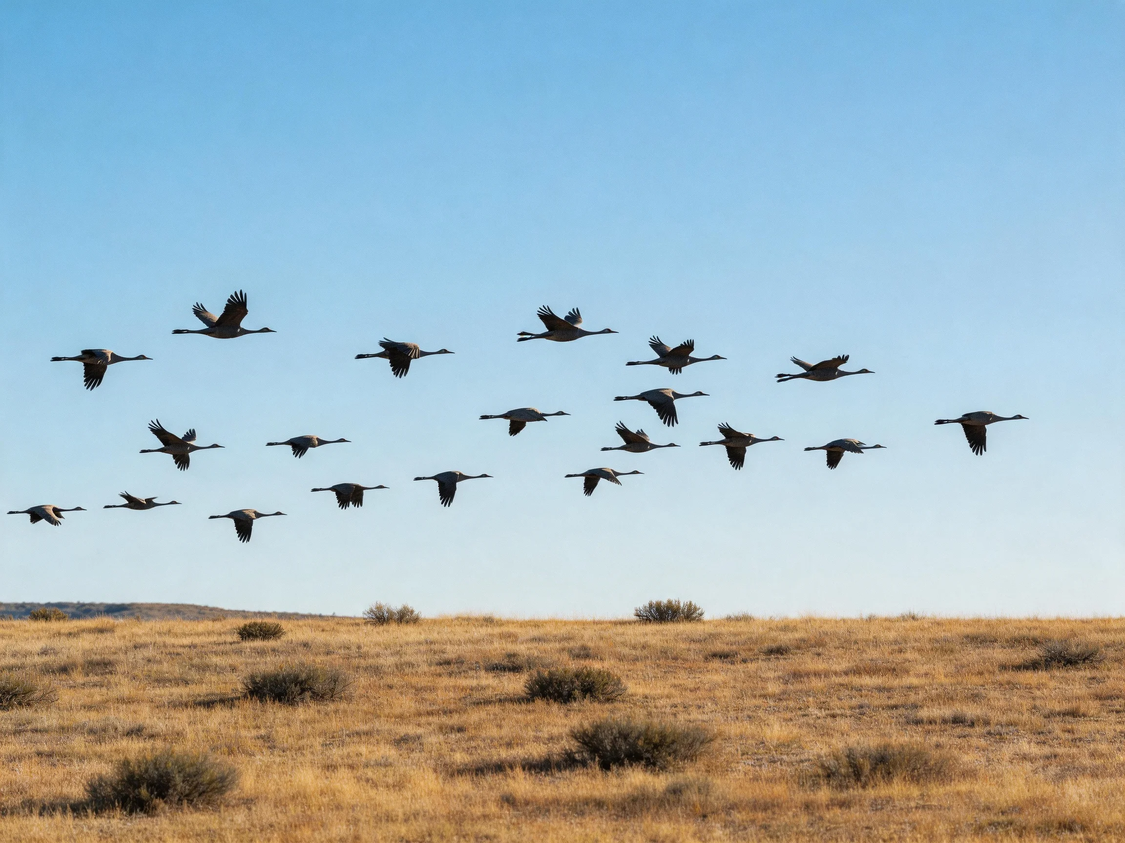 Around twenty birds fly in formation over golden plains under clear blue sky