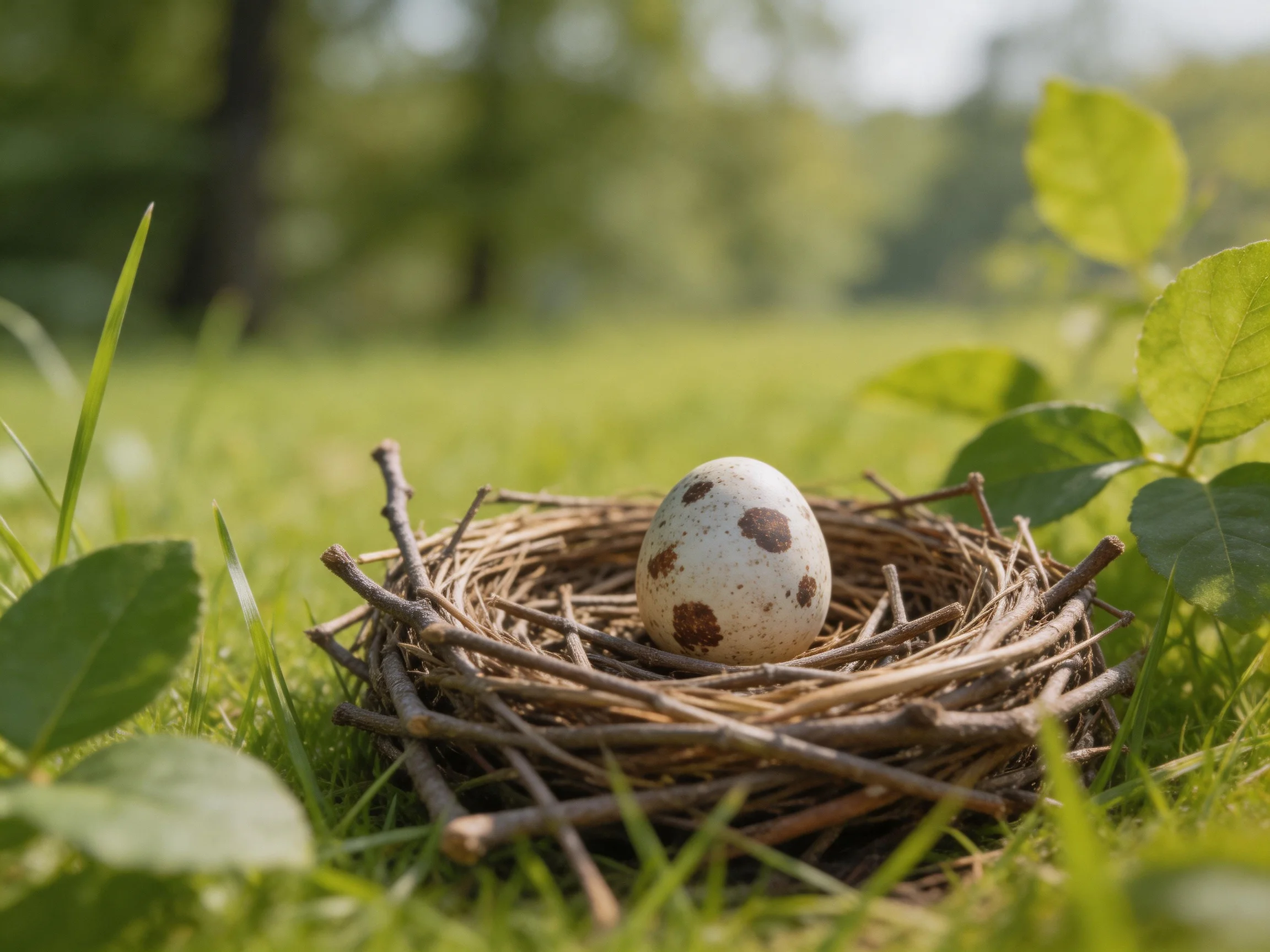 Asingle speckled egg in a twig nest among green foliage