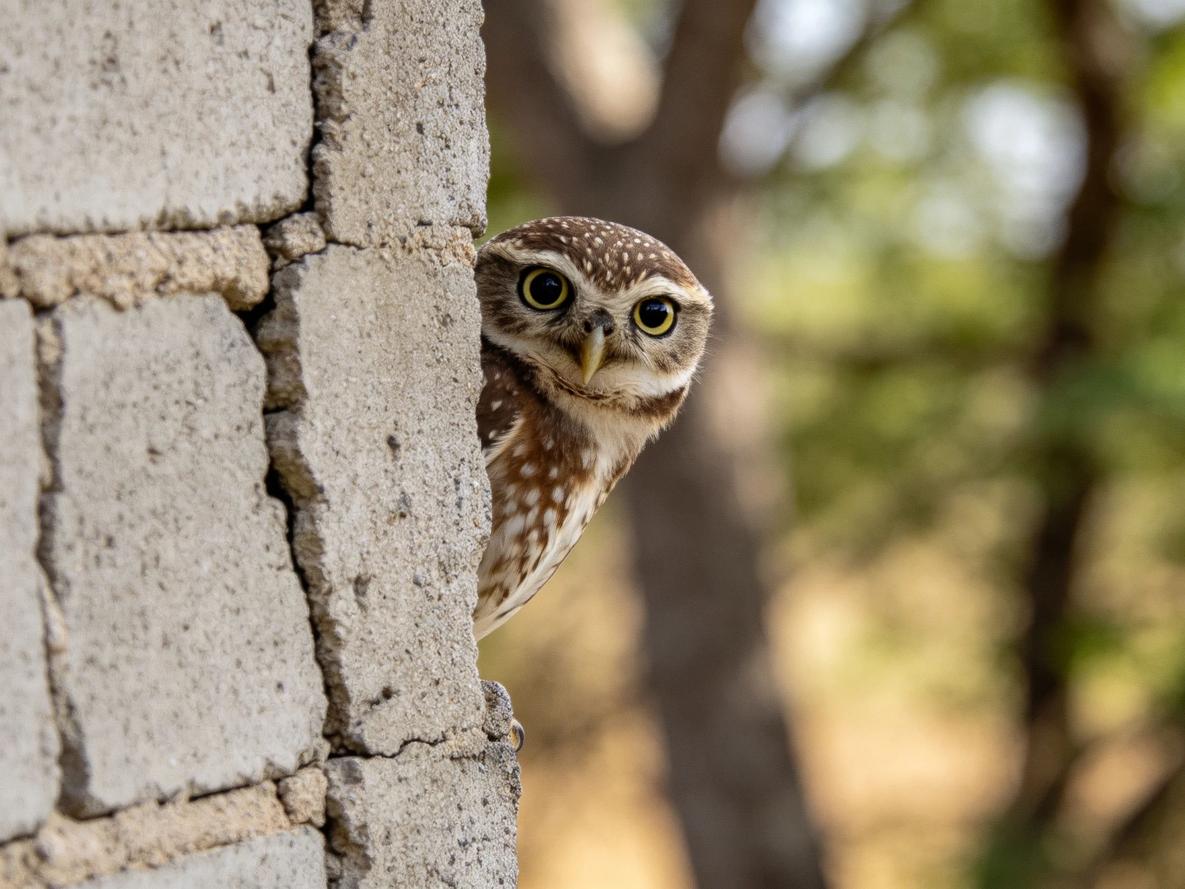 Aspotted owl peeks from behind a gray concrete wall