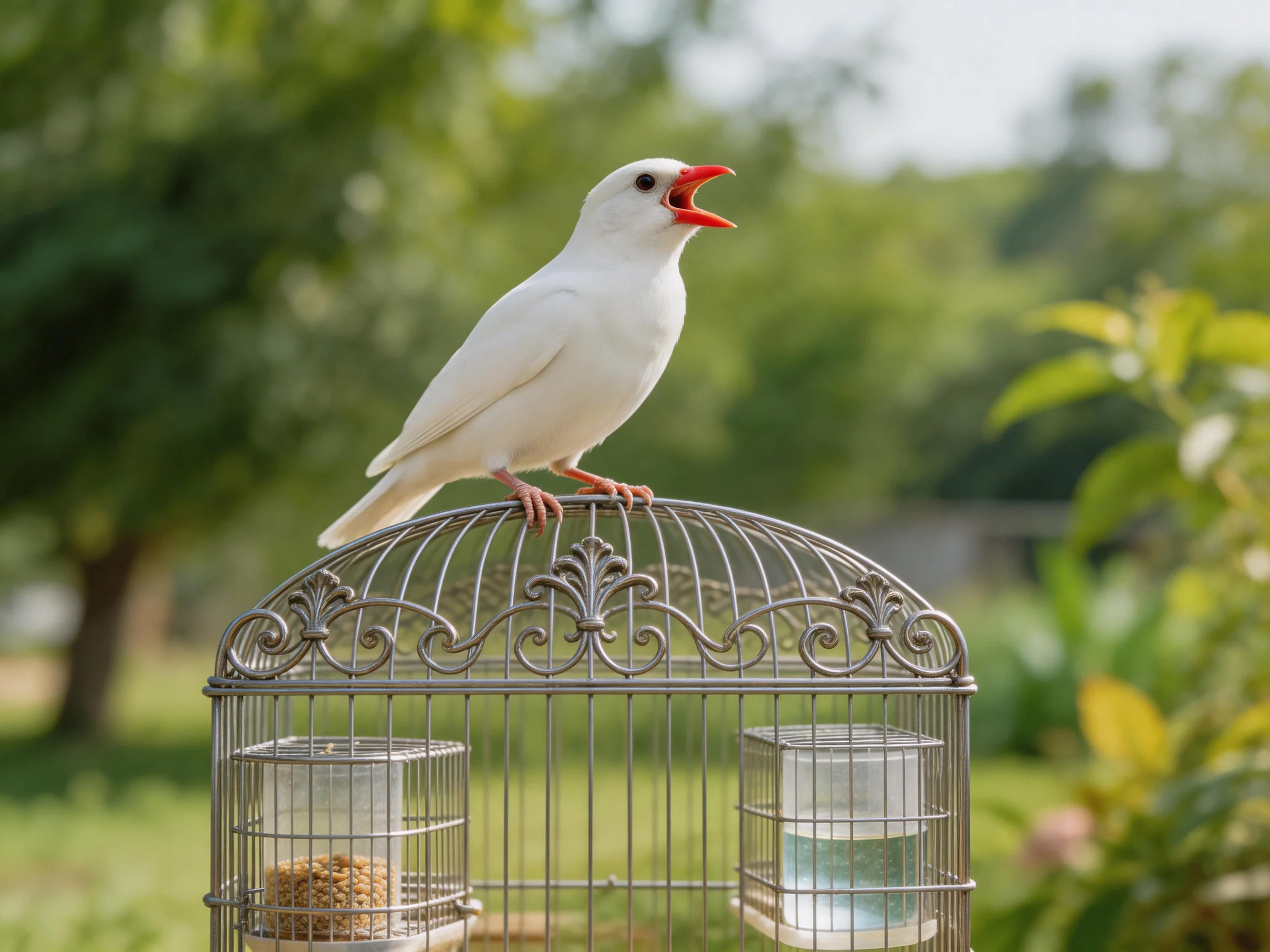 Awhite bird perched atop an ornate metal cage in a lush garden