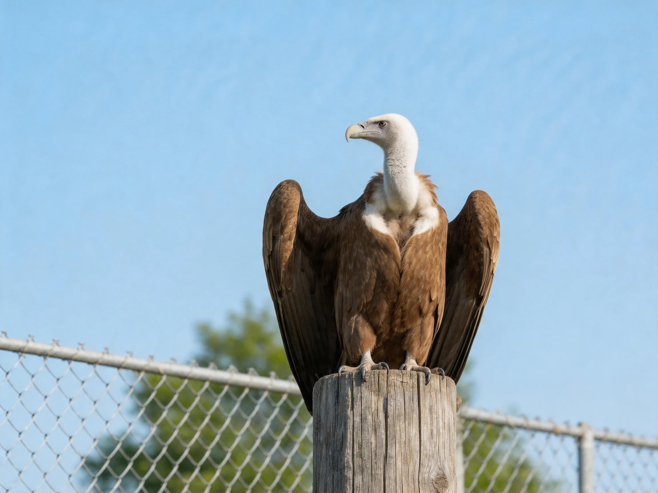 Awhite-headed vulture perches on a weathered wooden post near a chain-link fence