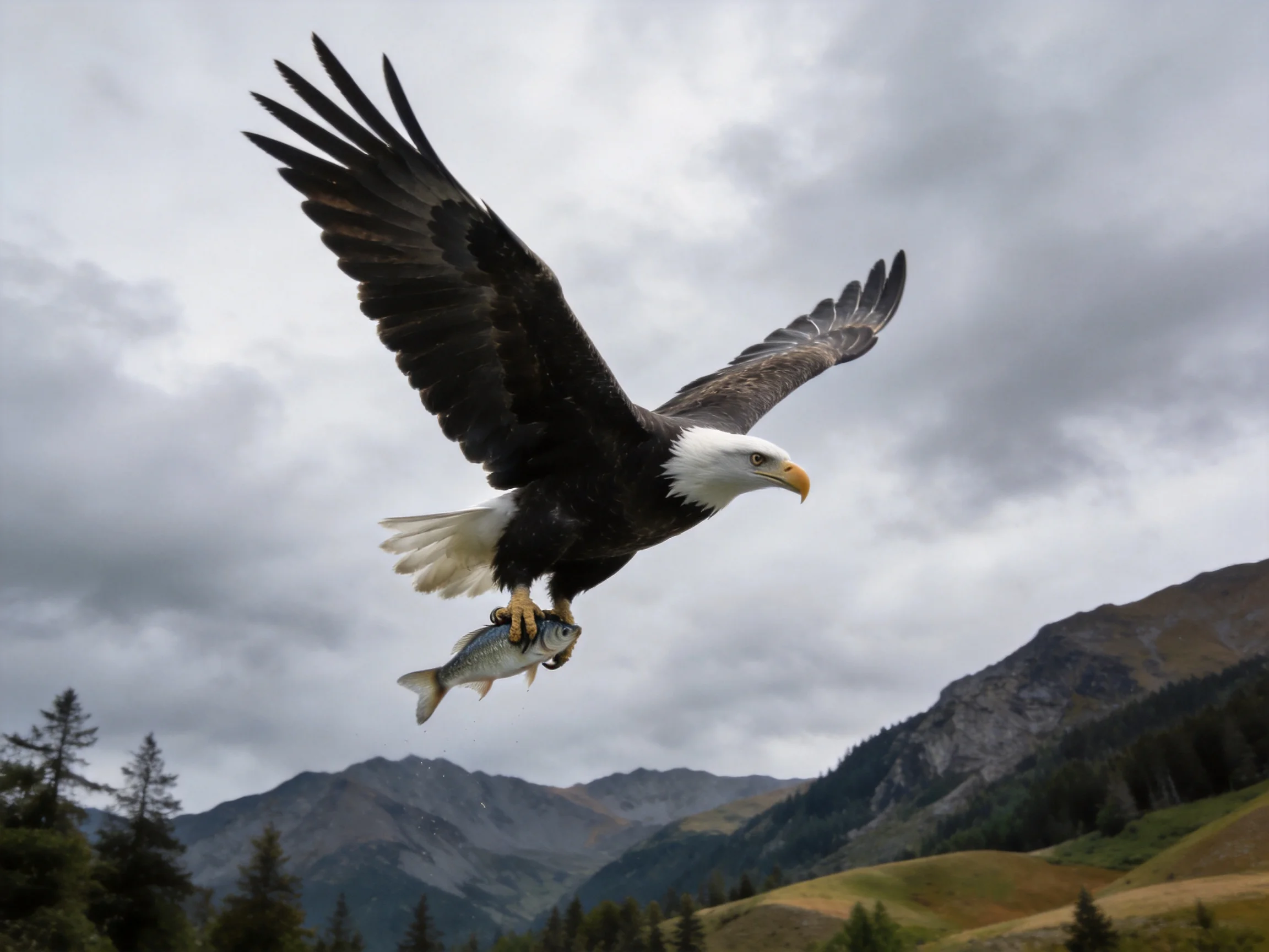 Bald Eagle Carrying Fish Over Mountainous Landscape