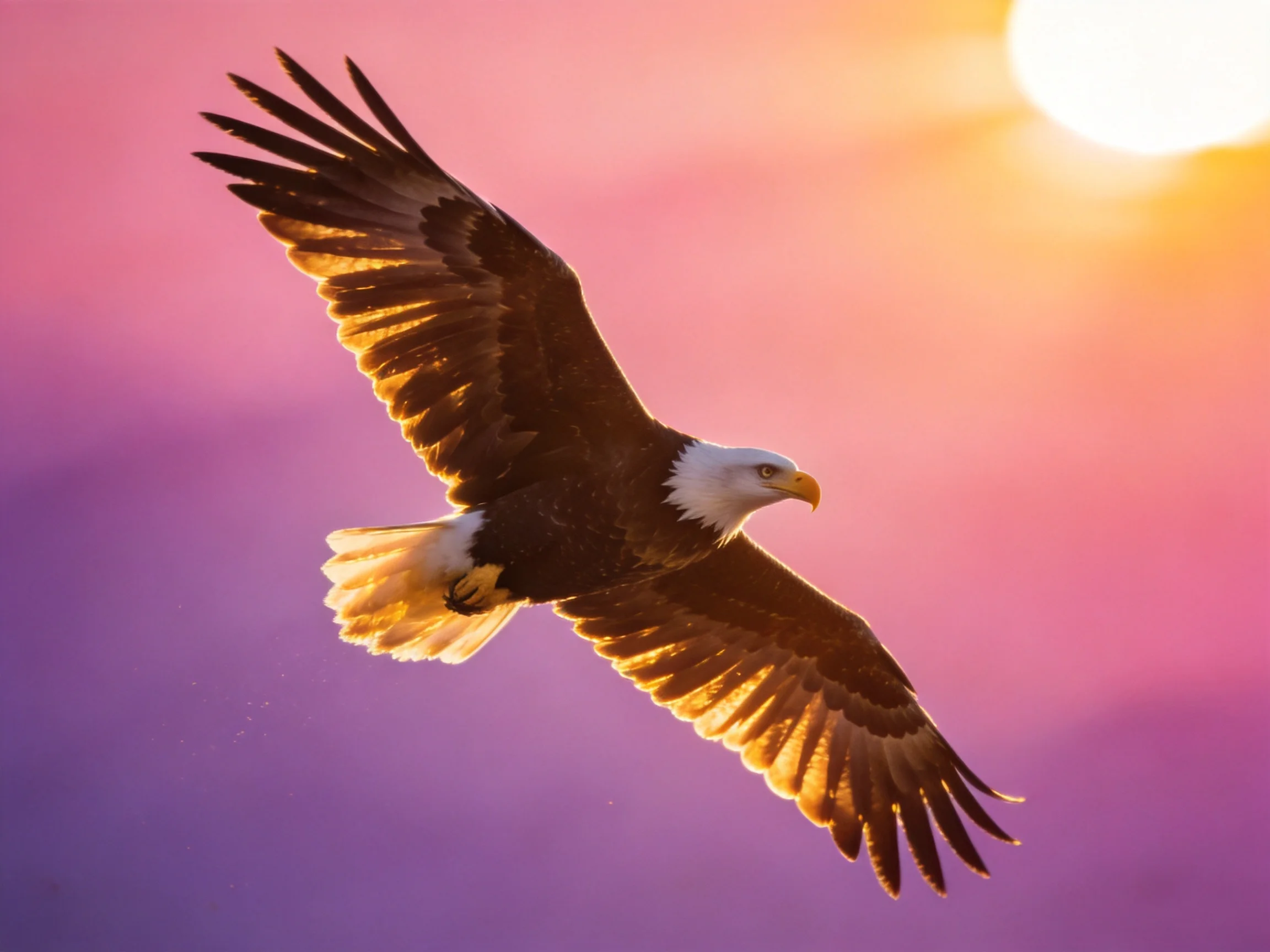 Bald Eagle Soaring Through Warm-Hued Sunset Sky